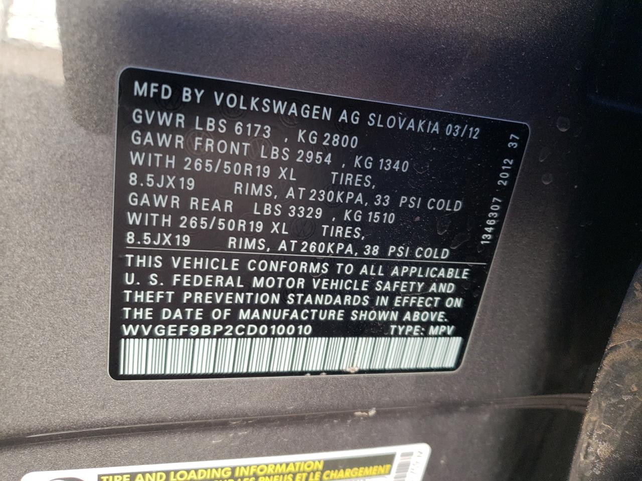 Photo 10 from auction – 2012 VOLKSWAGEN TOUAREG V6 with VIN WVGEF9BP2CD010010