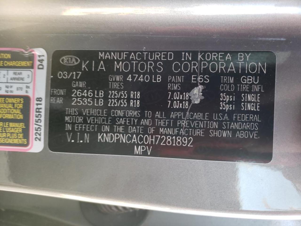 Photo 10 from auction – 2017 KIA SPORTAGE E with VIN KNDPNCAC0H7281892