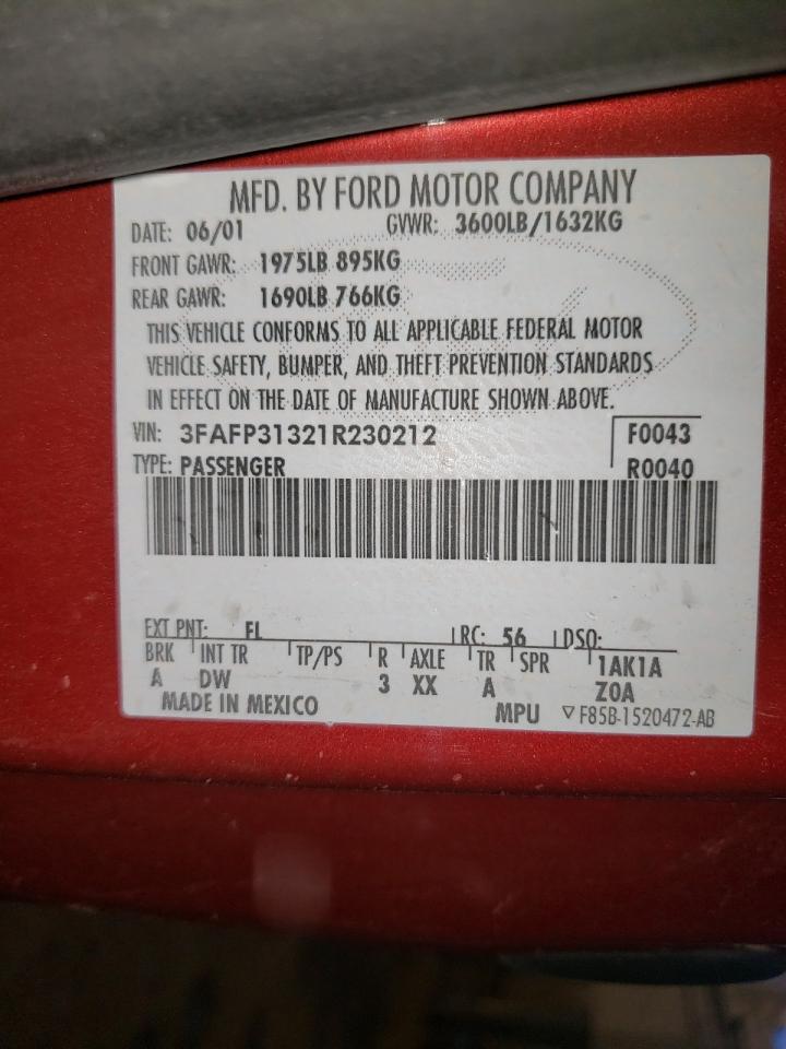 Photo 10 from auction – 2001 FORD FOCUS ZX3 with VIN 3FAFP31321R230212