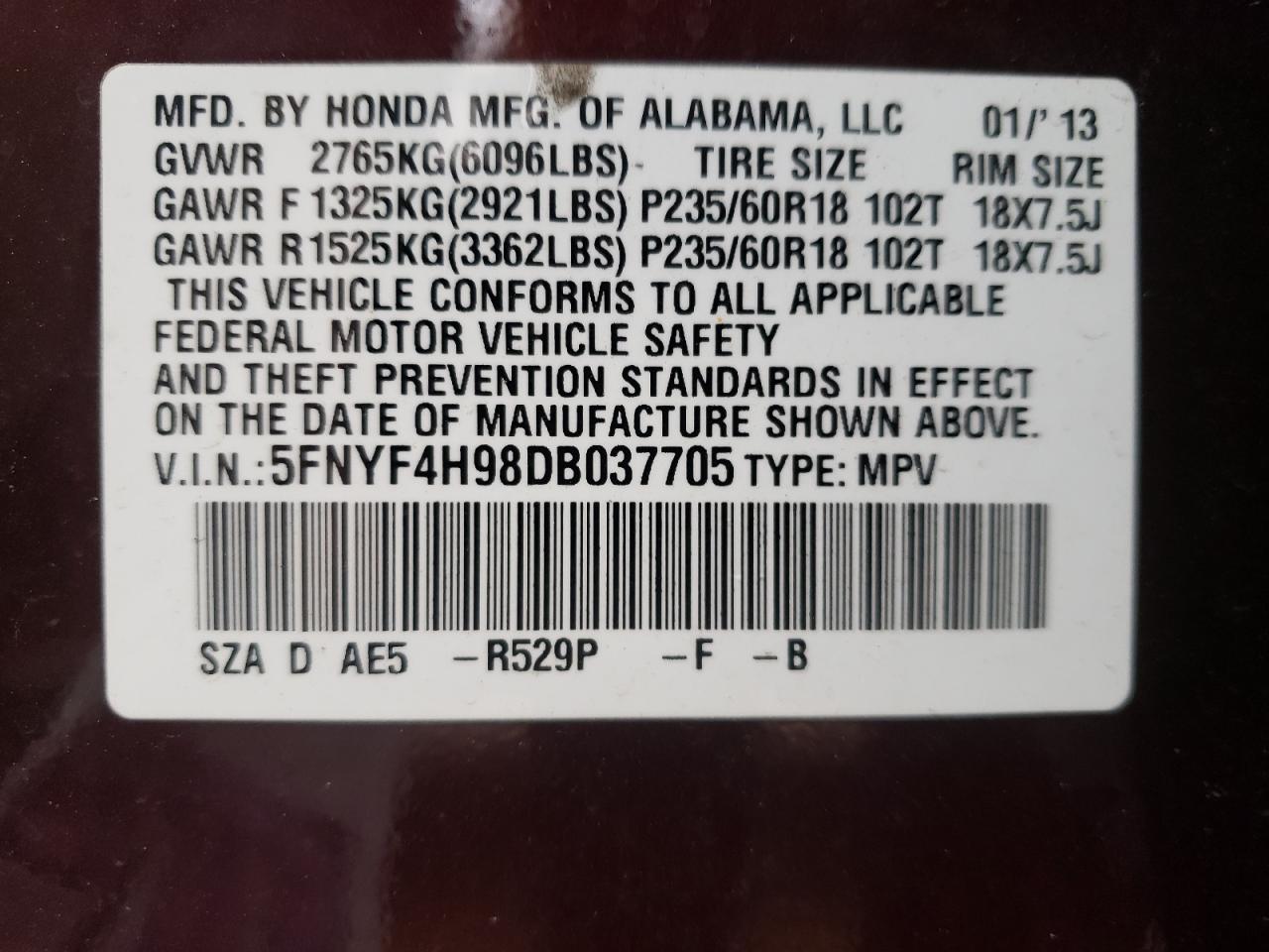 Photo 10 from auction – 2013 HONDA PILOT TOUR with VIN 5FNYF4H98DB037705