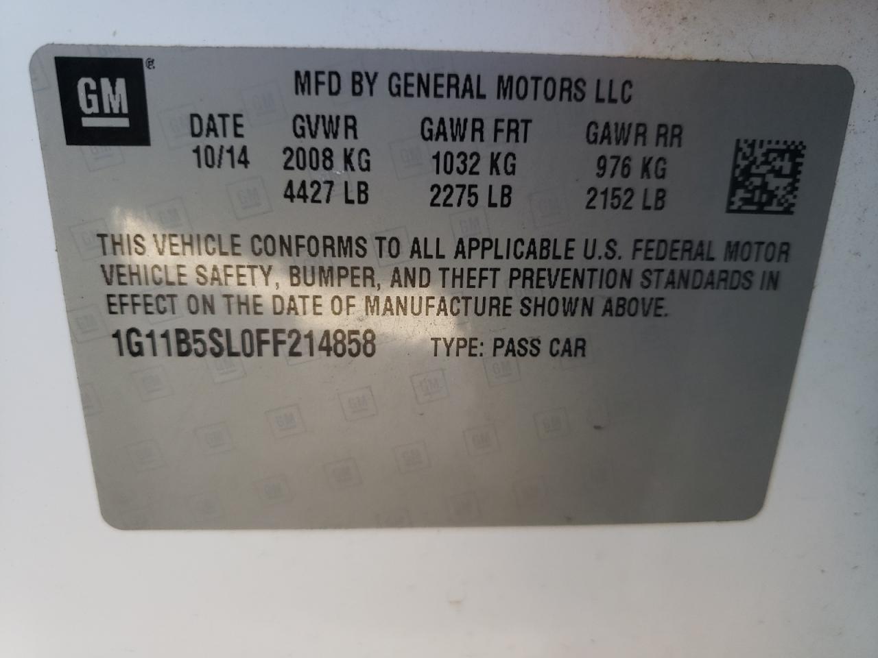 Zdjęcie 10 z aukcji – 2015 CHEVROLET MALIBU LS z VIN 1G11B5SL0FF214858