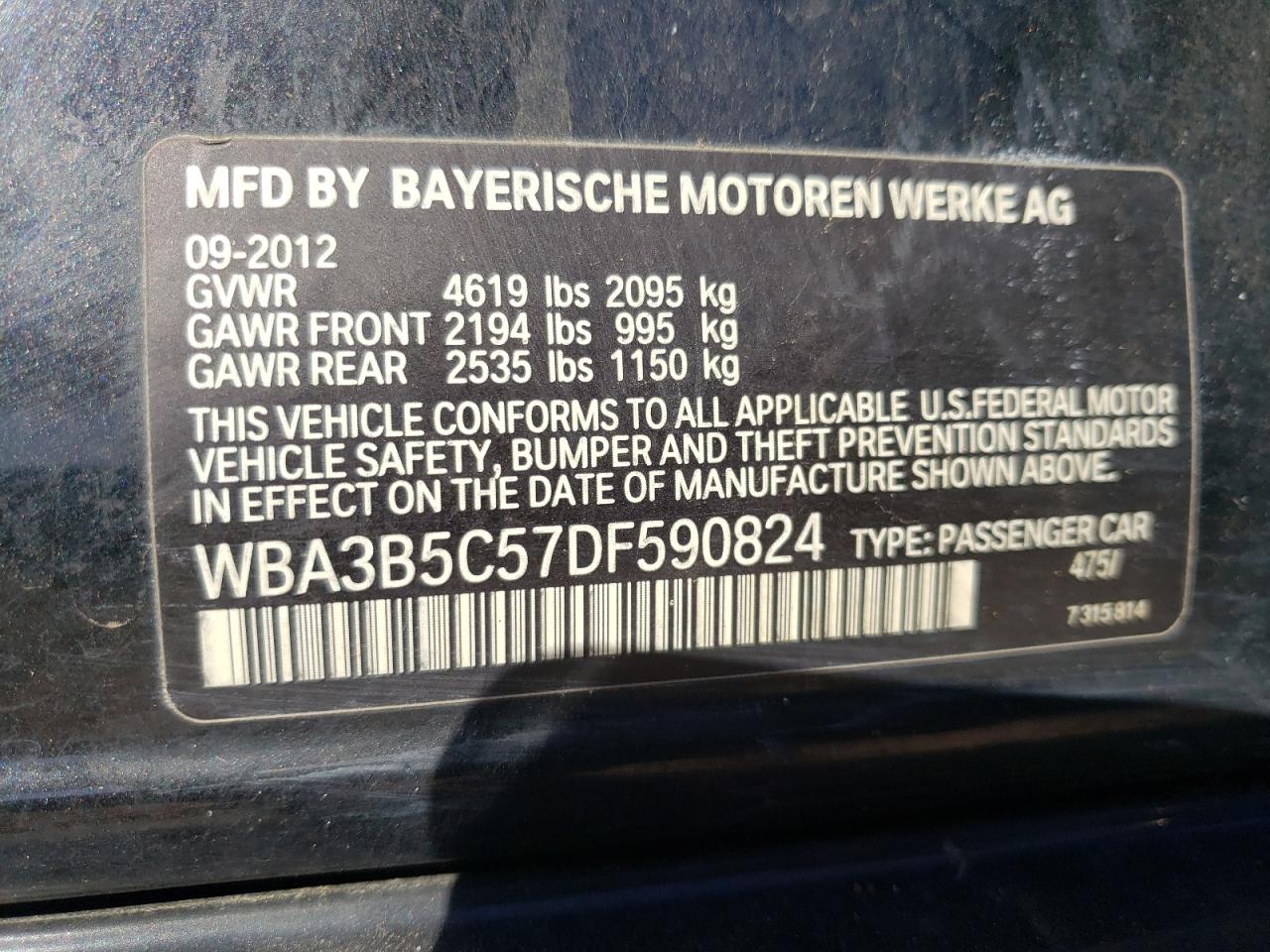 Photo 10 from auction – 2013 BMW 3 SERIES with VIN WBA3B5C57DF590824