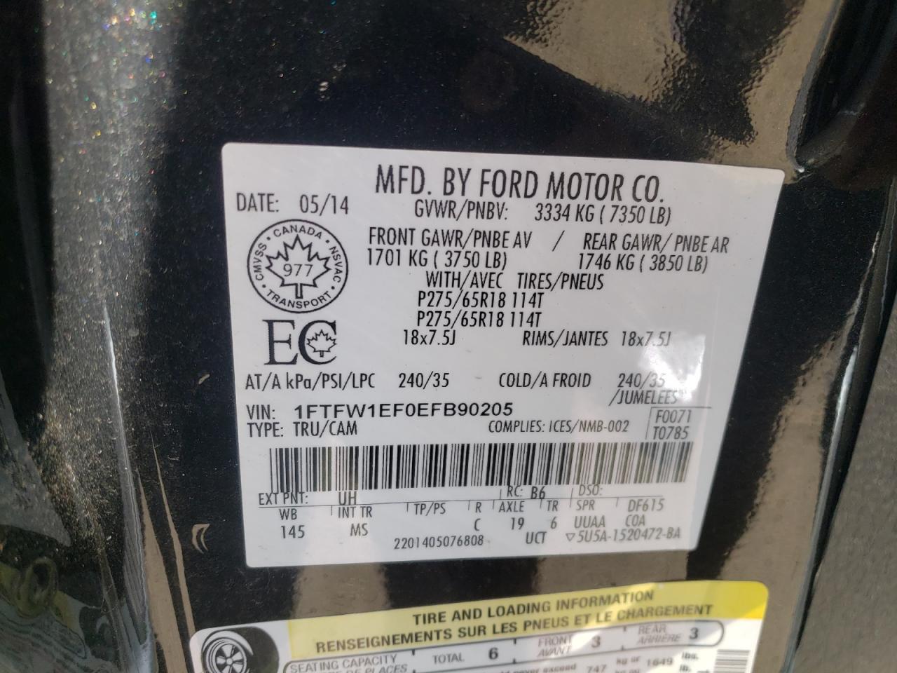 Photo 10 from auction – 2014 FORD F150 SUPER with VIN 1FTFW1EF0EFB90205