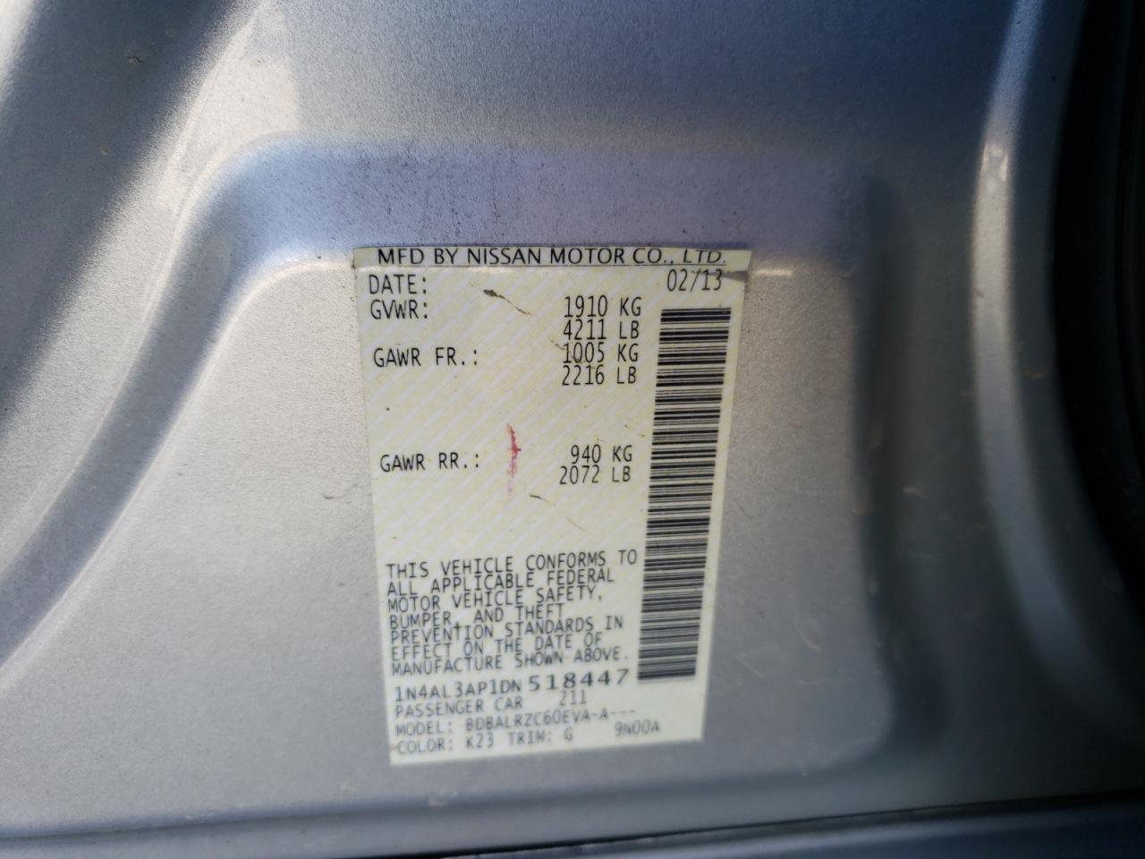 Photo 10 from auction – 2013 NISSAN ALTIMA 2.5 with VIN 1N4AL3AP1DN518447