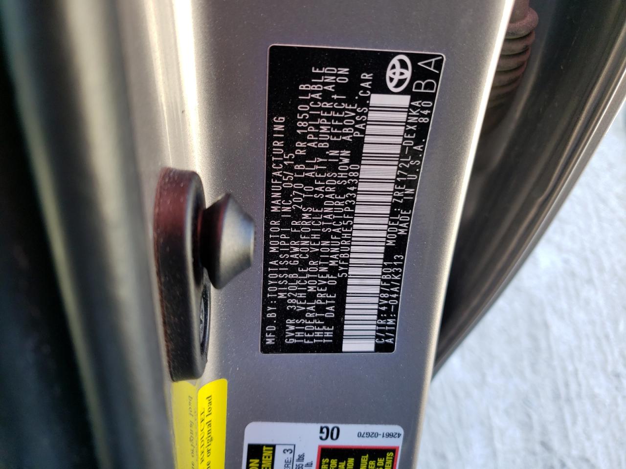 Photo 10 from auction – 2015 TOYOTA COROLLA L with VIN 5YFBURHE5FP334380