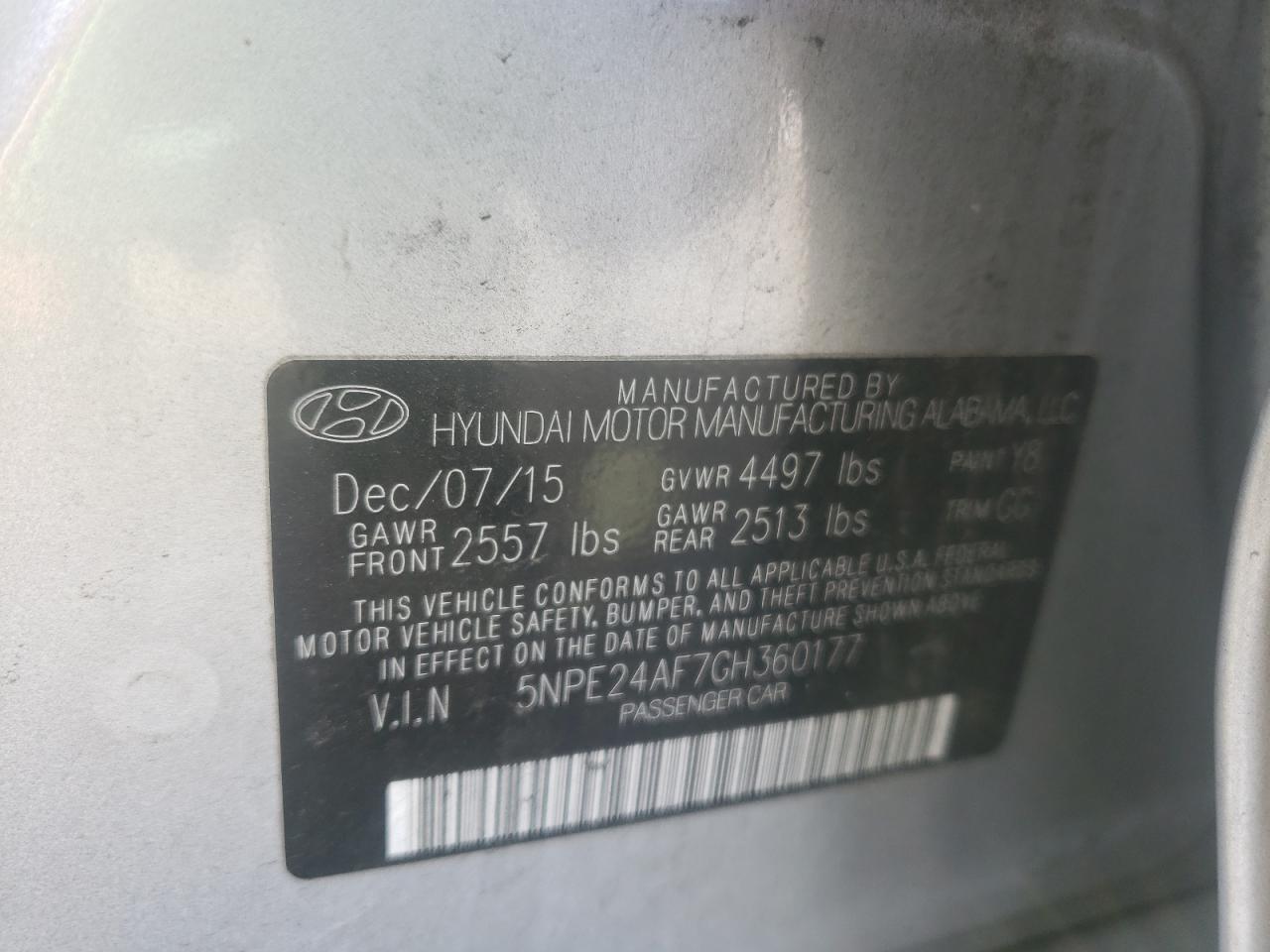 Photo 10 from auction – 2016 HYUNDAI SONATA SE with VIN 5NPE24AF7GH360177