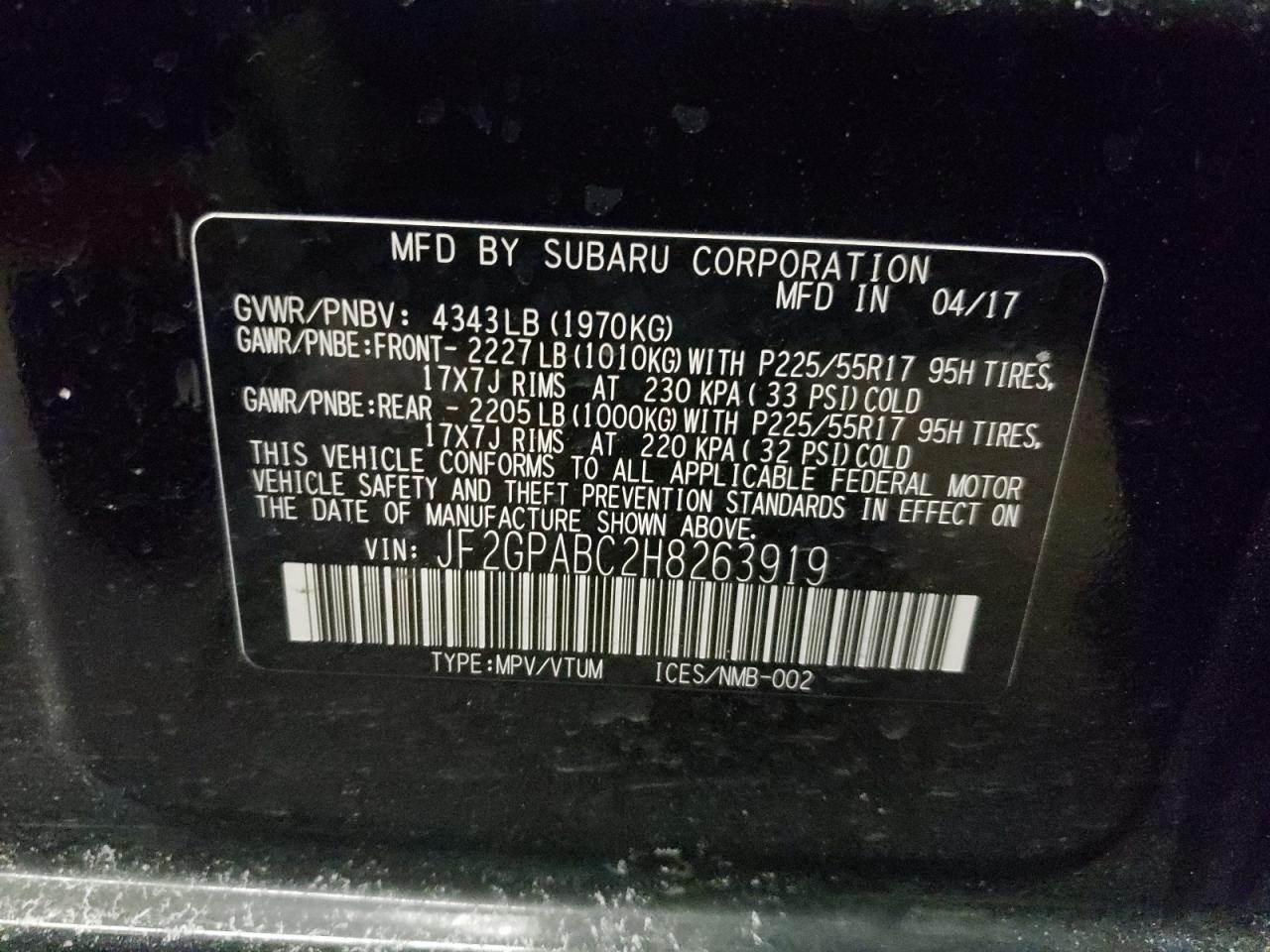 Photo 10 from auction – 2017 SUBARU CROSSTREK with VIN JF2GPABC2H8263919
