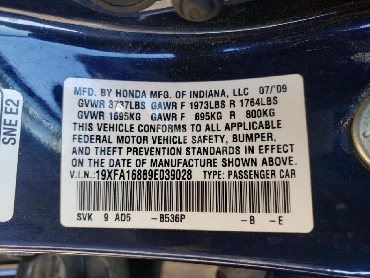 Photo 10 from auction – 2009 HONDA CIVIC EX with VIN 19XFA16889E039028