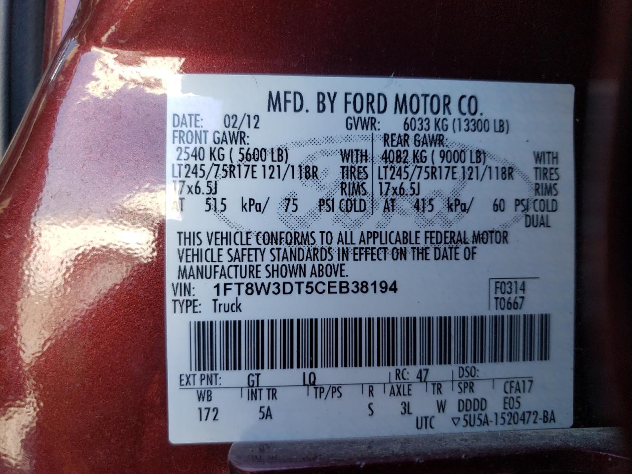 Photo 10 from auction – 2012 FORD F350 SUPER with VIN 1FT8W3DT5CEB38194
