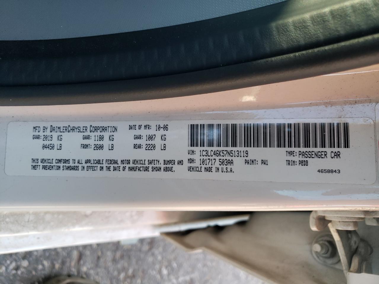 Photo 10 from auction – 2007 CHRYSLER SEBRING with VIN 1C3LC46K57N513119