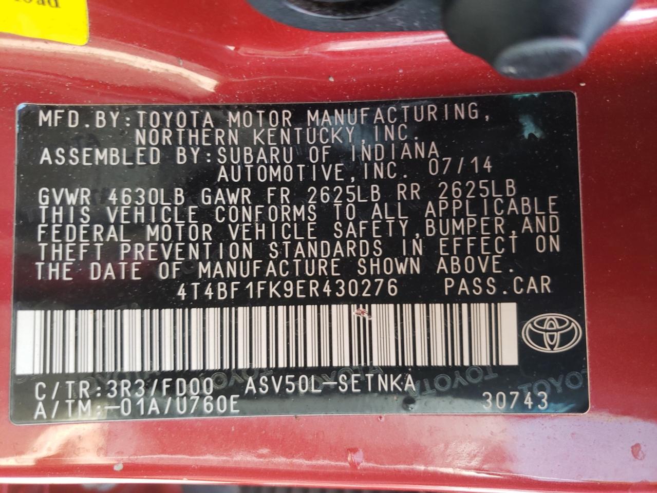 Photo 10 from auction – 2014 TOYOTA CAMRY L with VIN 4T4BF1FK9ER430276