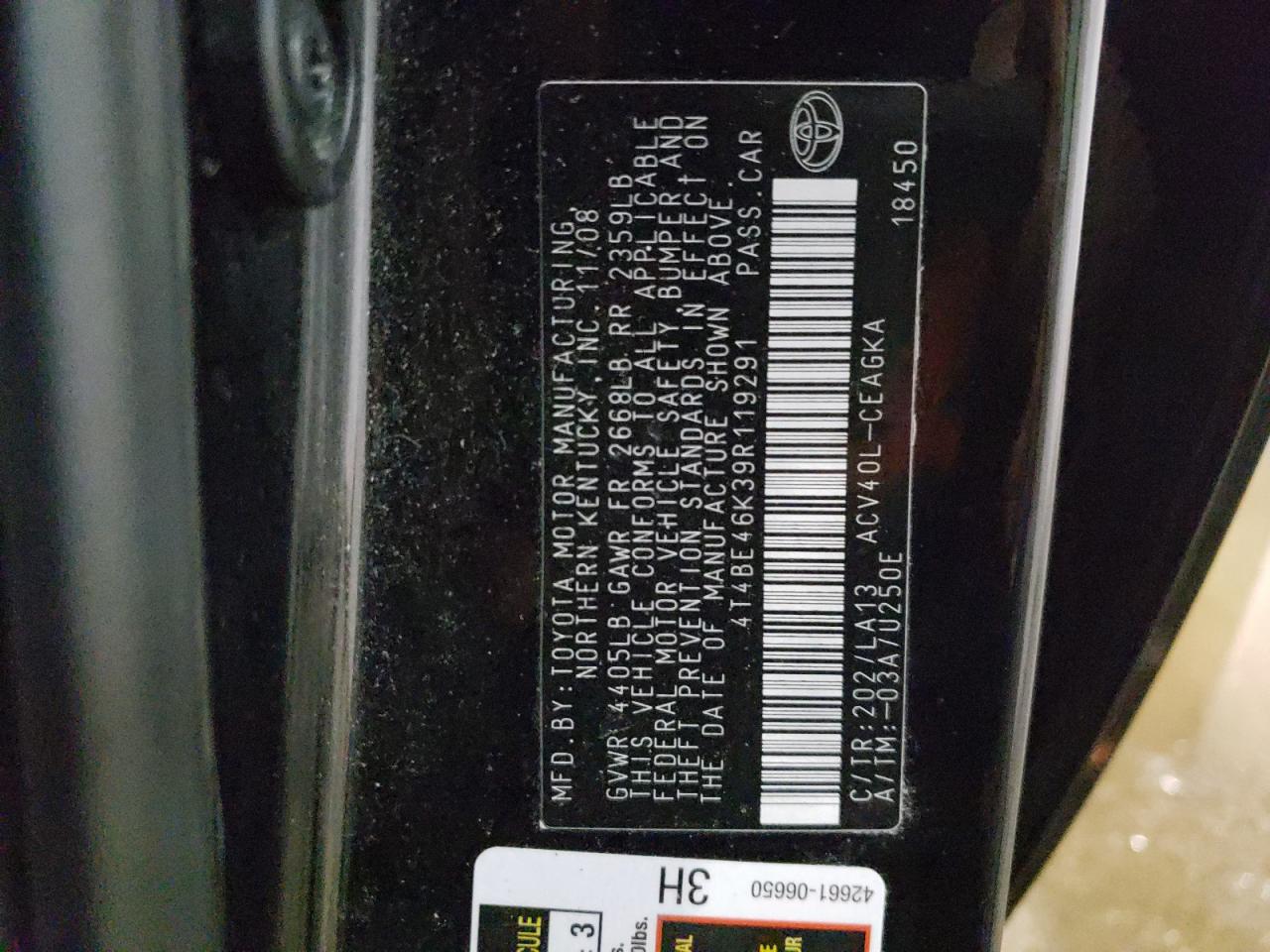 Photo 10 from auction – 2009 TOYOTA CAMRY BASE with VIN 4T4BE46K39R119291