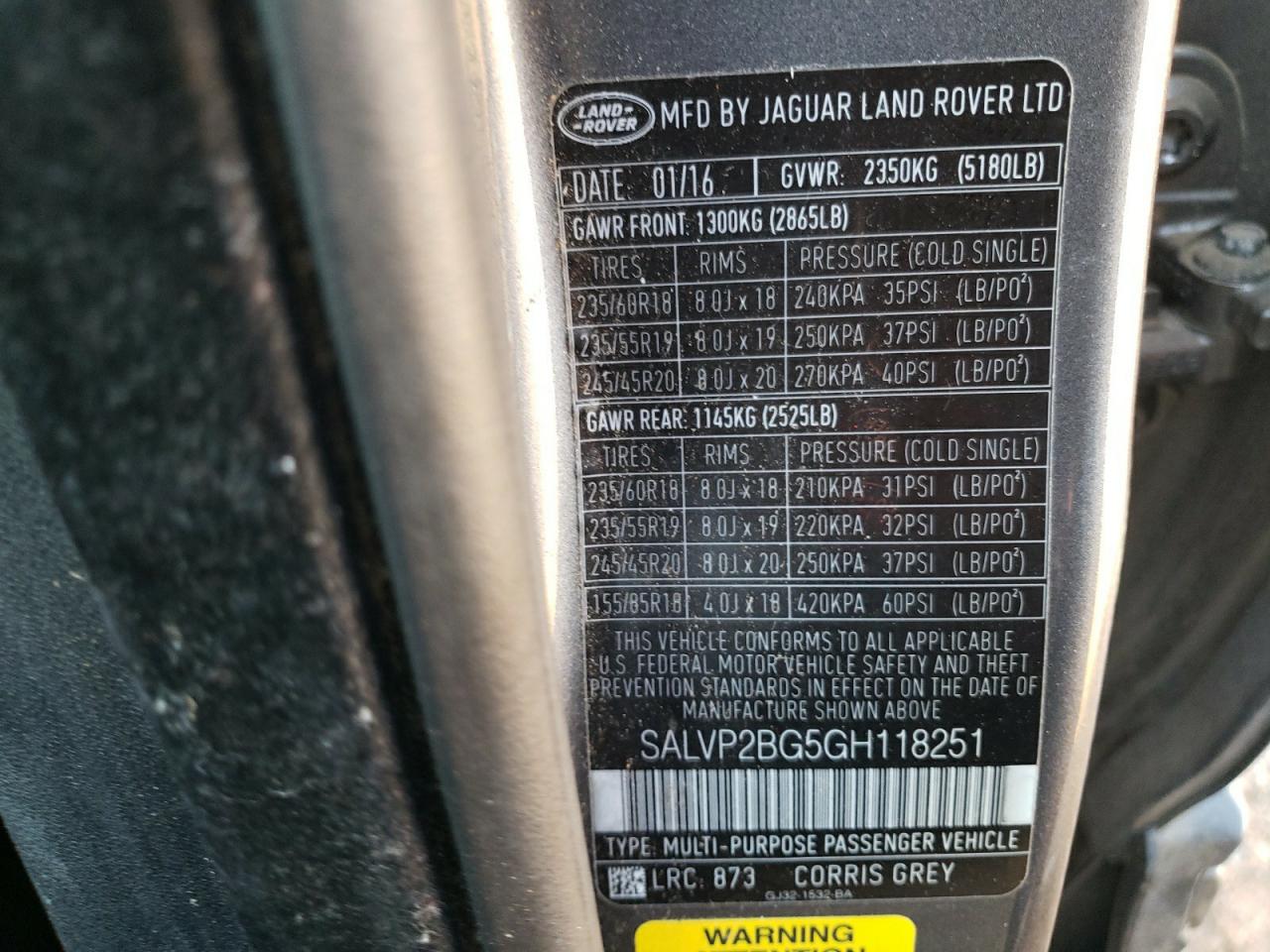 Photo 10 from auction – 2016 LAND ROVER RANGE ROVE with VIN SALVP2BG5GH118251