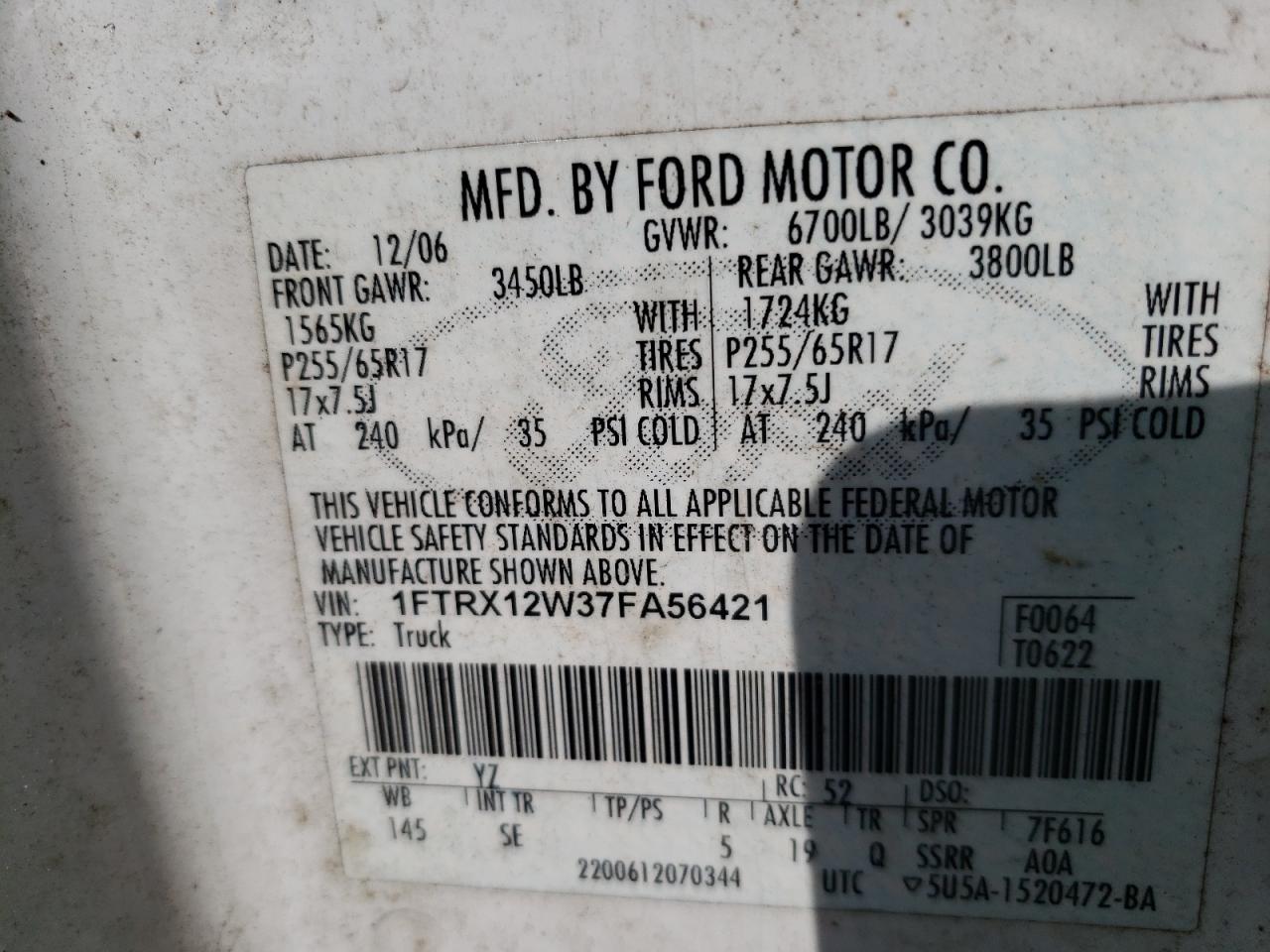 Photo 10 from auction – 2007 FORD F150 with VIN 1FTRX12W37FA56421
