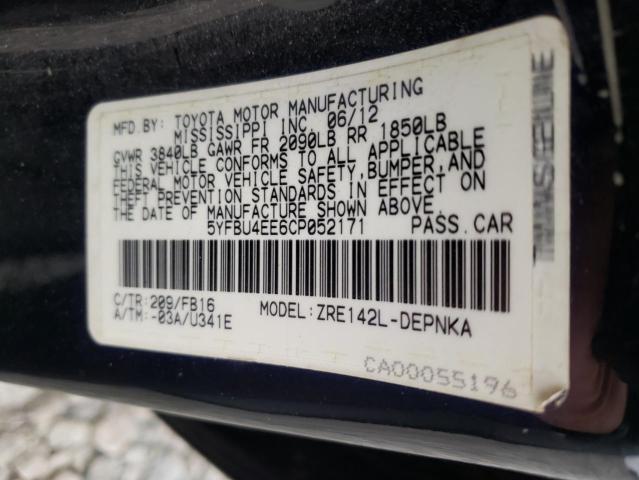 Photo 10 from auction – 2012 TOYOTA COROLLA BA with VIN 5YFBU4EE6CP052171
