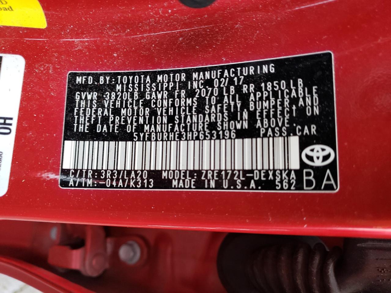 Photo 10 from auction – 2017 TOYOTA COROLLA L with VIN 5YFBURHE3HP653196