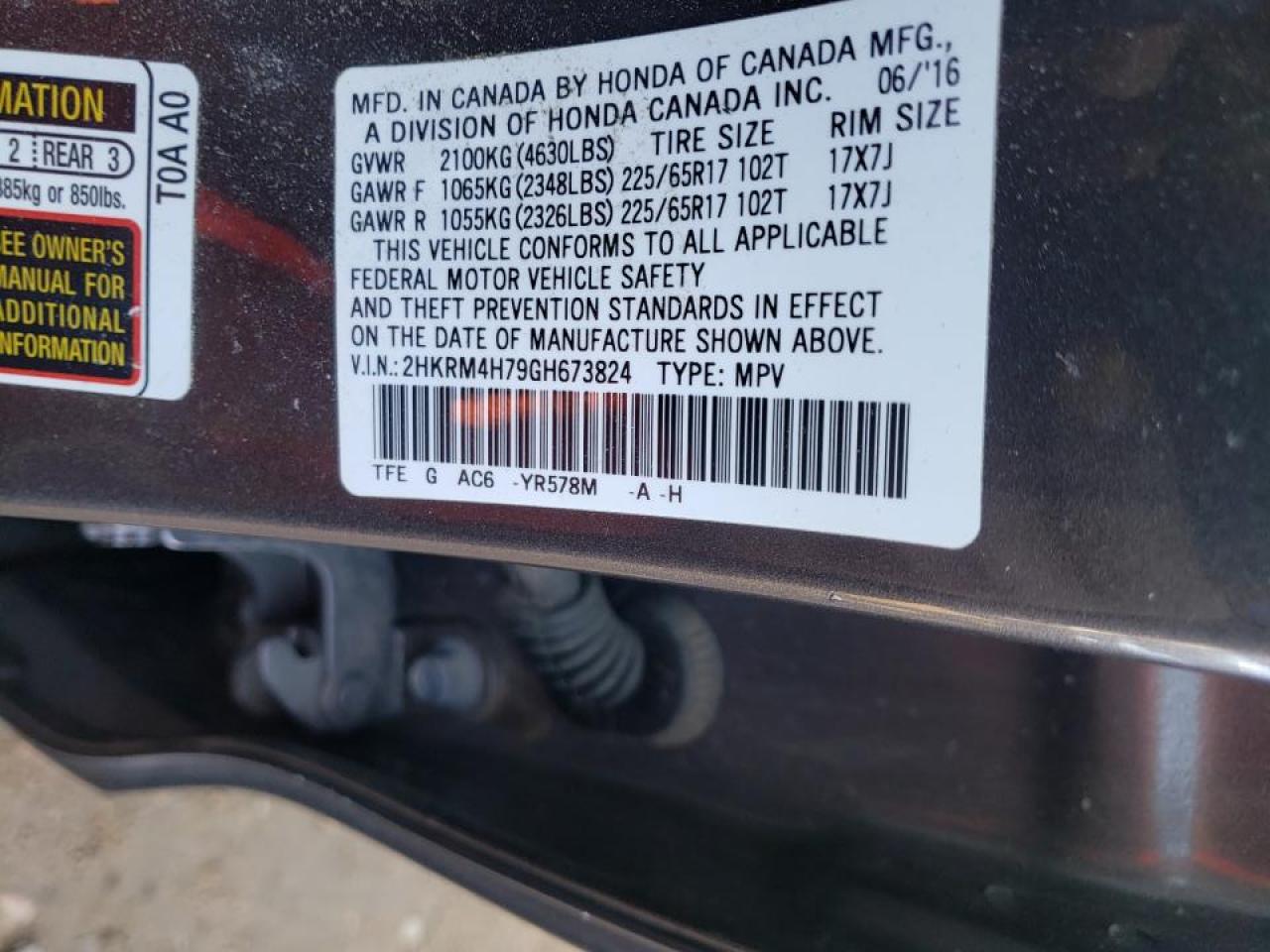 Photo 10 from auction – 2016 HONDA CR-V EXL with VIN 2HKRM4H79GH673824