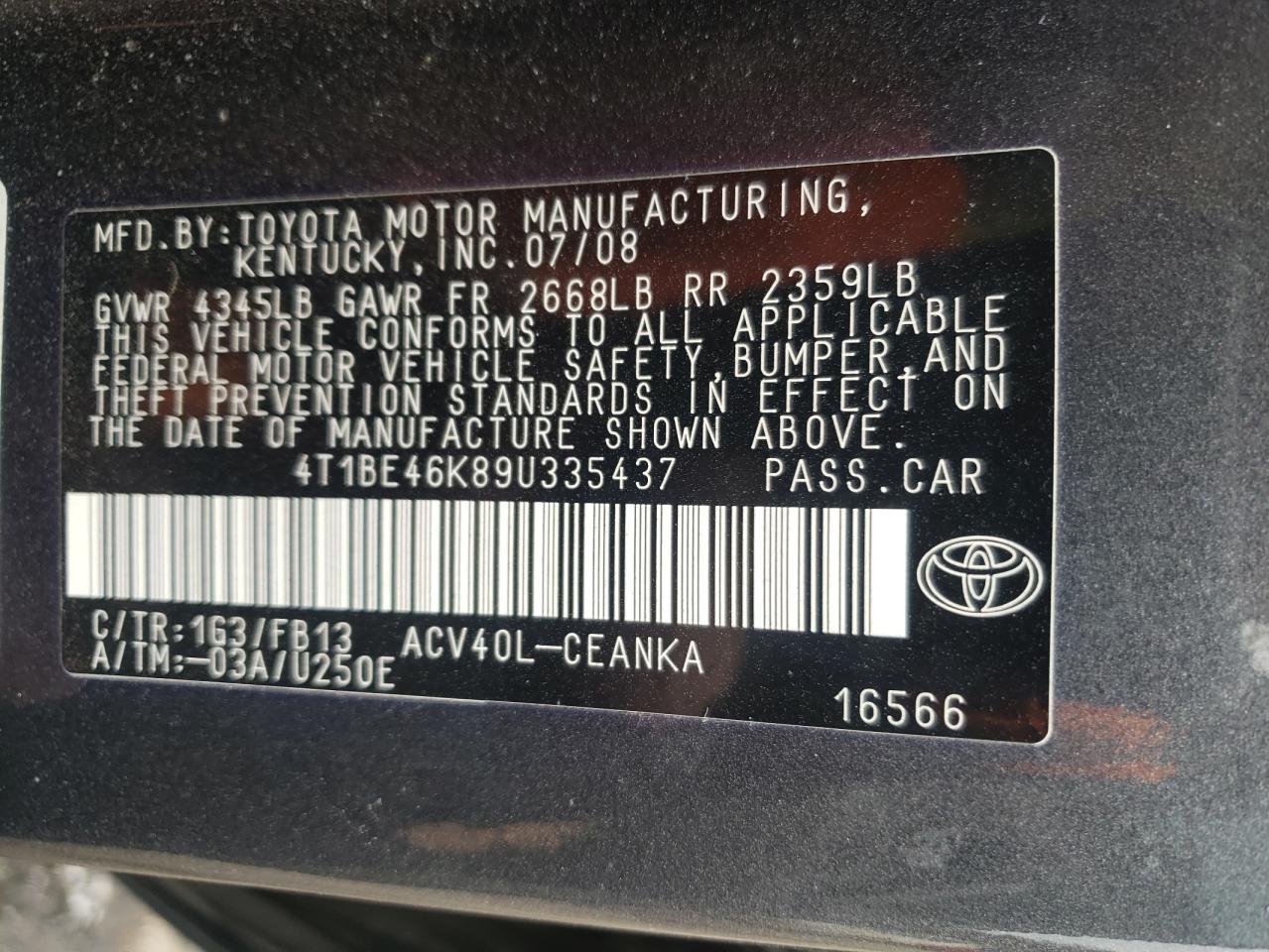 Photo 10 from auction – 2009 TOYOTA CAMRY BASE with VIN 4T1BE46K89U335437