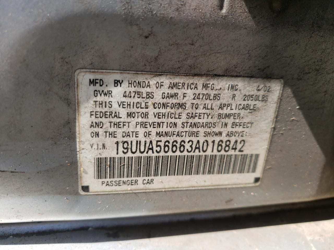 Photo 10 from auction – 2003 ACURA 3.2TL with VIN 19UUA56663A016842