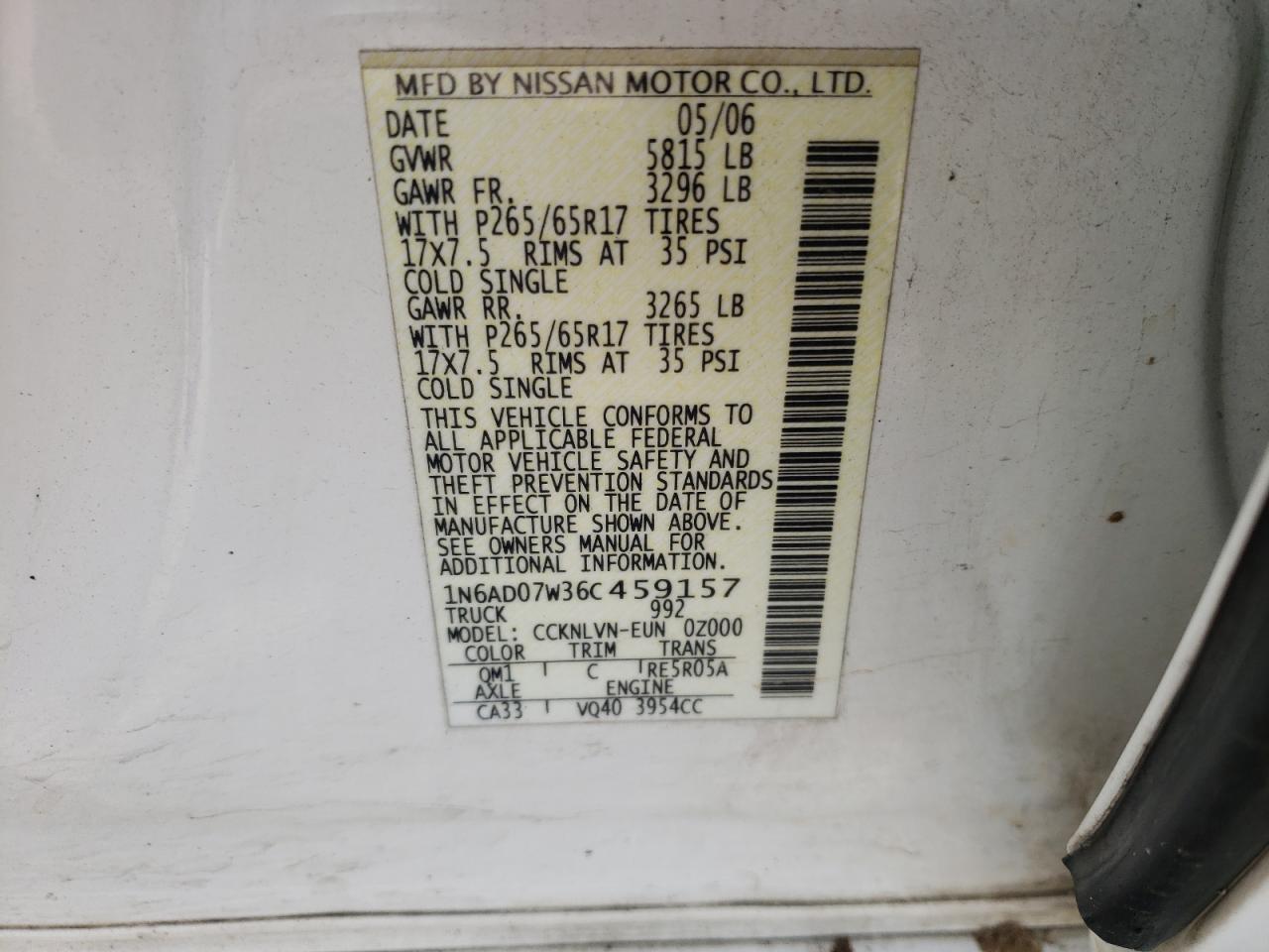 Photo 10 from auction – 2006 NISSAN FRONTIER C with VIN 1N6AD07W36C459157