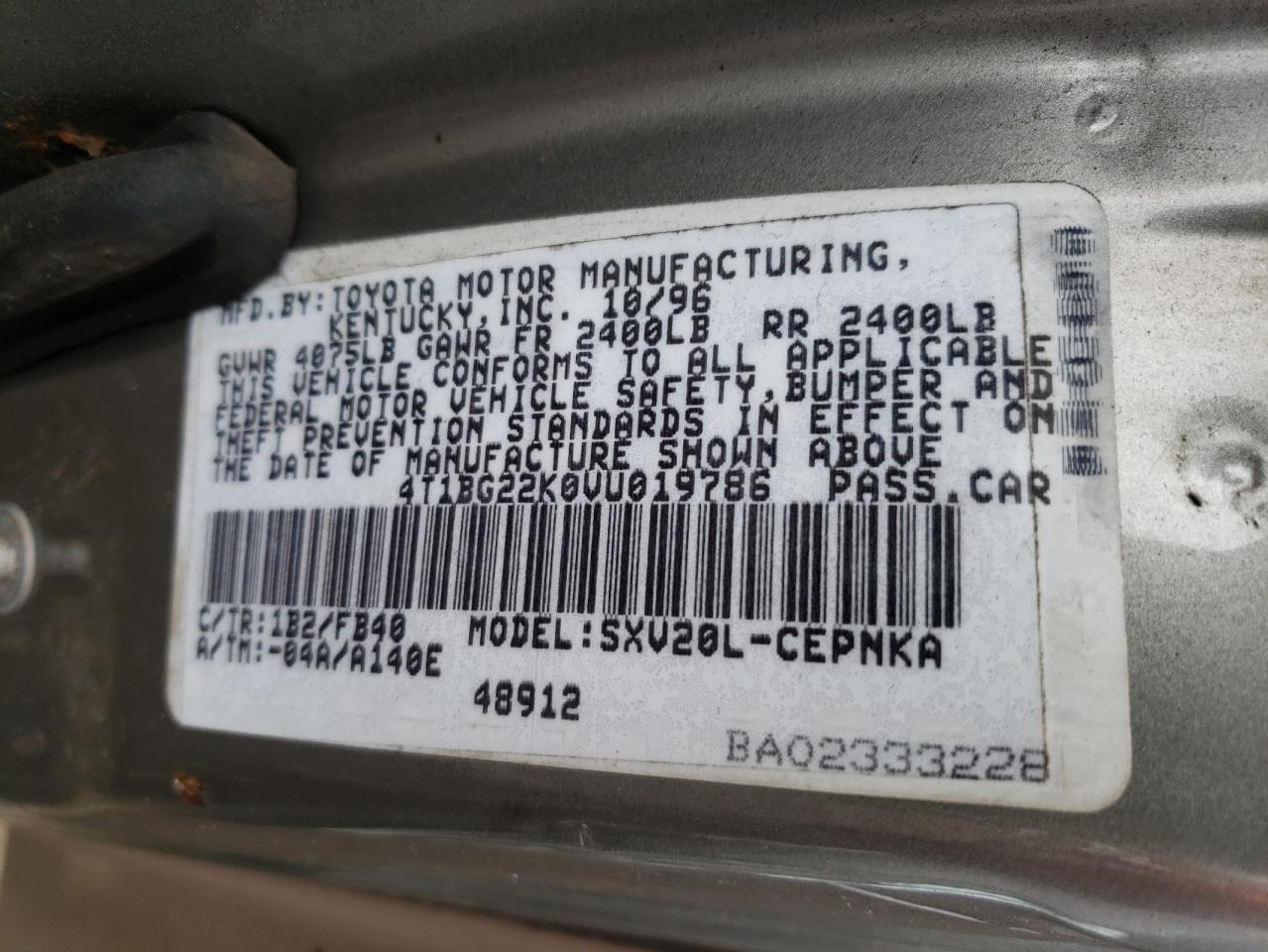 Photo 10 from auction – 1997 TOYOTA CAMRY CE with VIN 4T1BG22K0VU019786