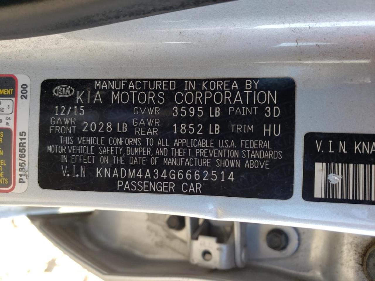 Photo 10 from auction – 2016 KIA RIO LX with VIN KNADM4A34G6662514