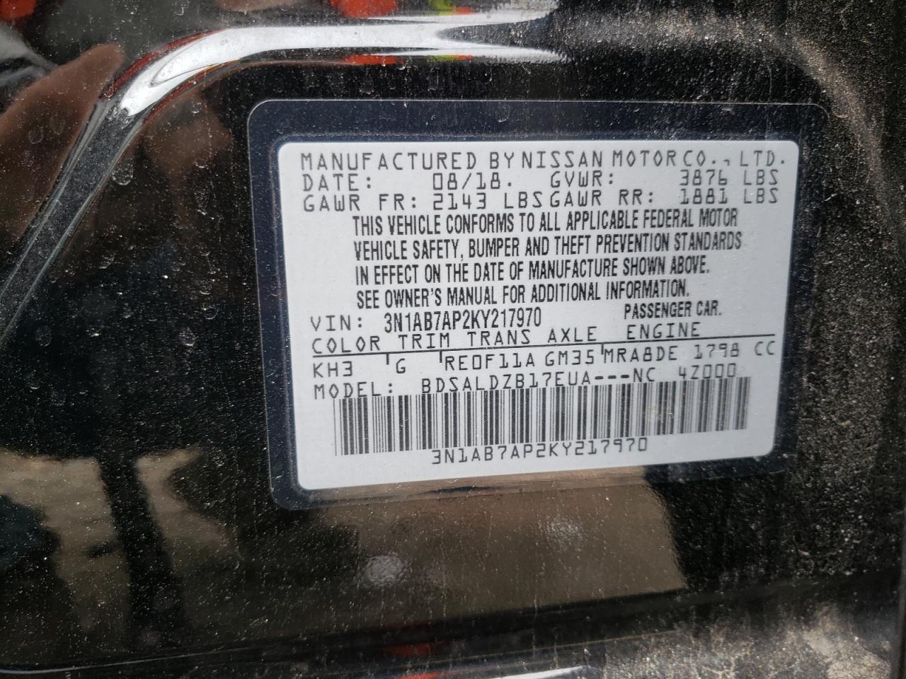 Photo 10 from auction – 2019 NISSAN SENTRA S with VIN 3N1AB7AP2KY217970