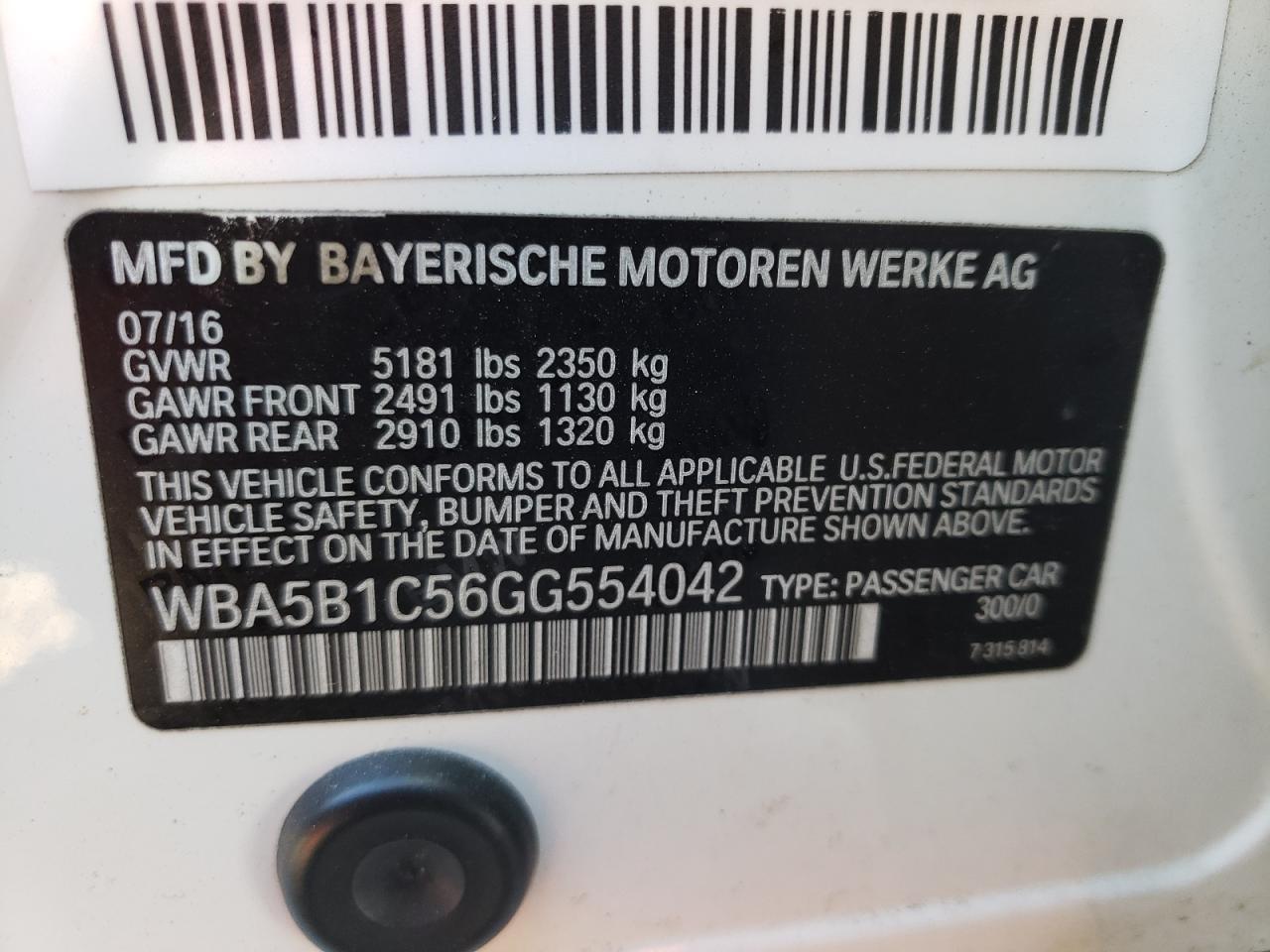 Photo 10 from auction – 2016 BMW 535 I with VIN WBA5B1C56GG554042