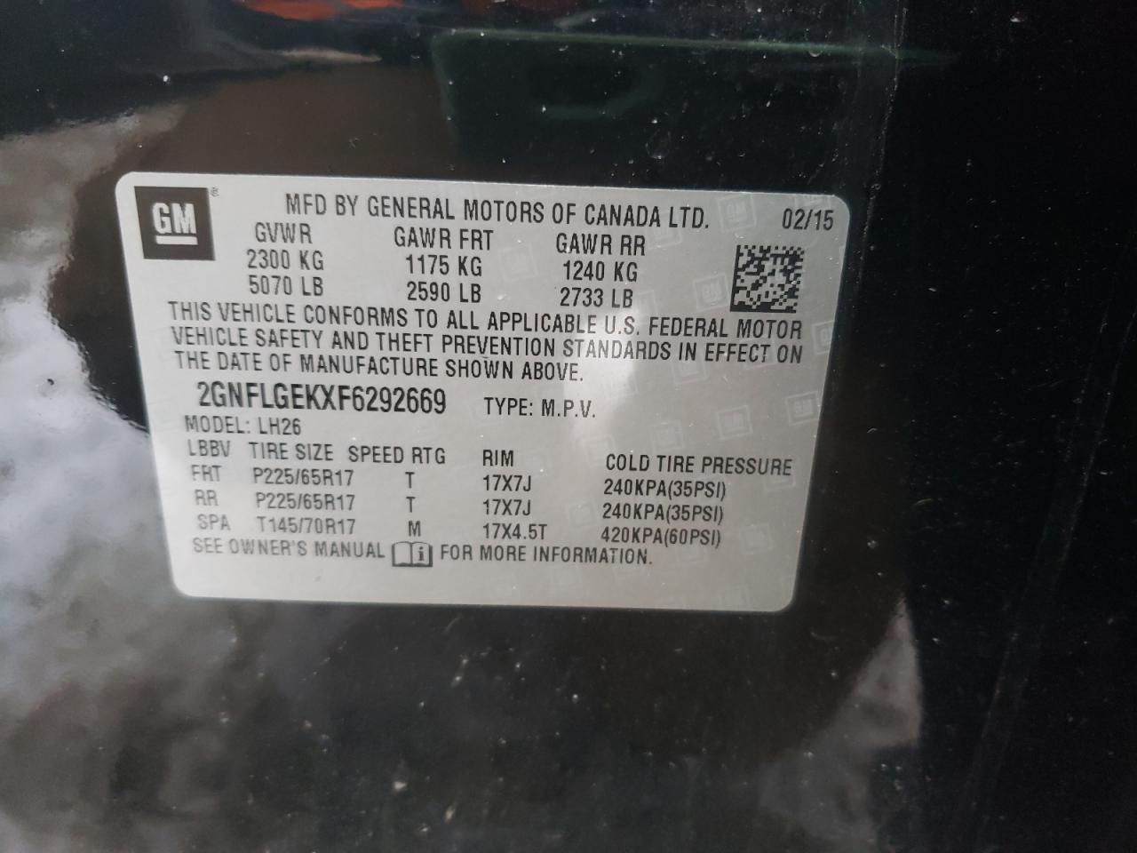 Photo 10 from auction – 2015 CHEVROLET EQUINOX LT with VIN 2GNFLGEKXF6292669