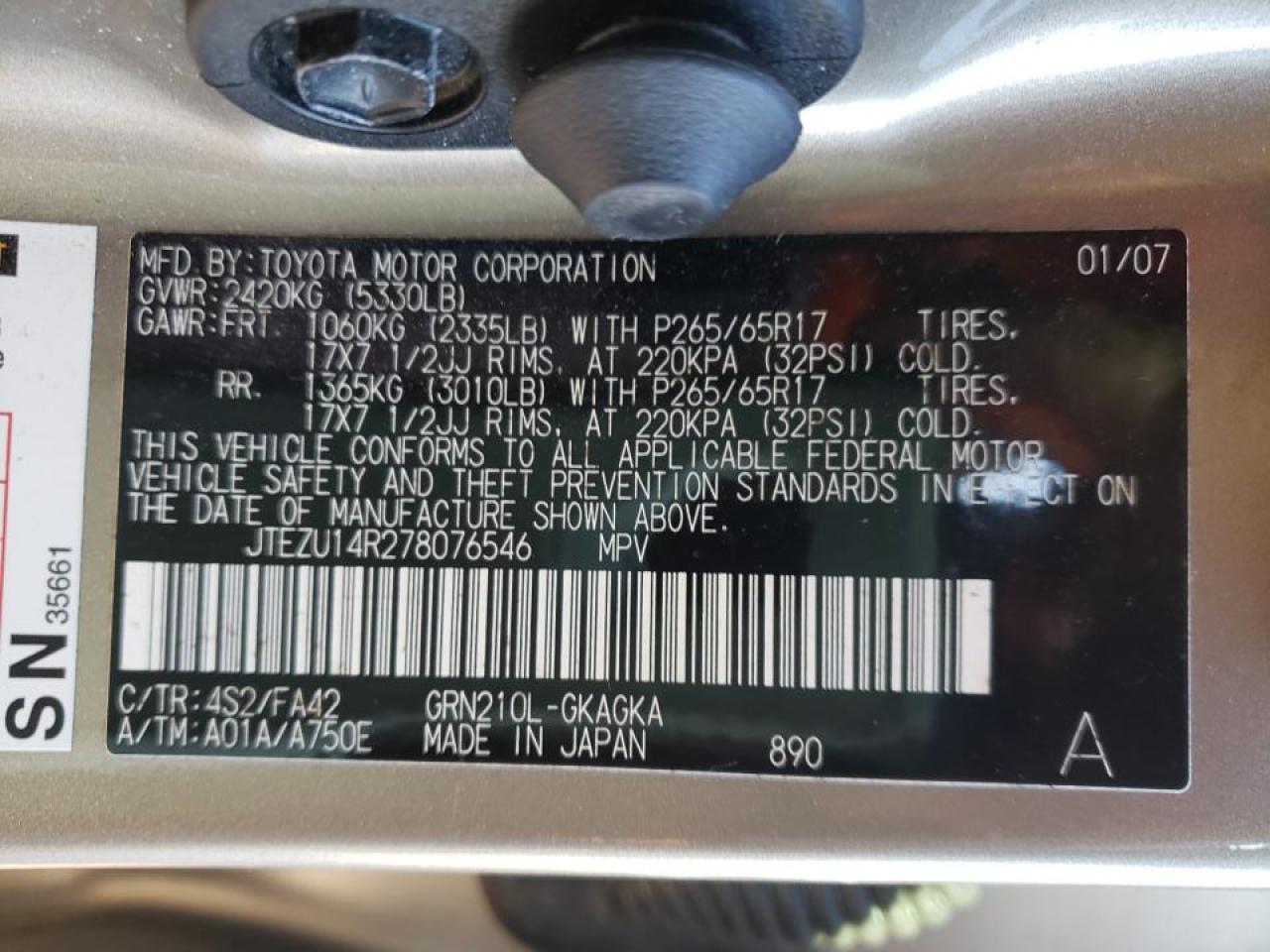 Photo 10 from auction – 2007 TOYOTA 4RUNNER SR with VIN JTEZU14R278076546