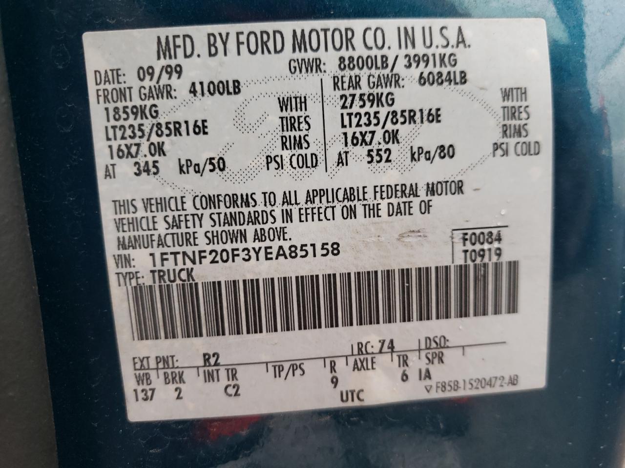 Photo 10 from auction – 2000 FORD F250 SUPER with VIN 1FTNF20F3YEA85158