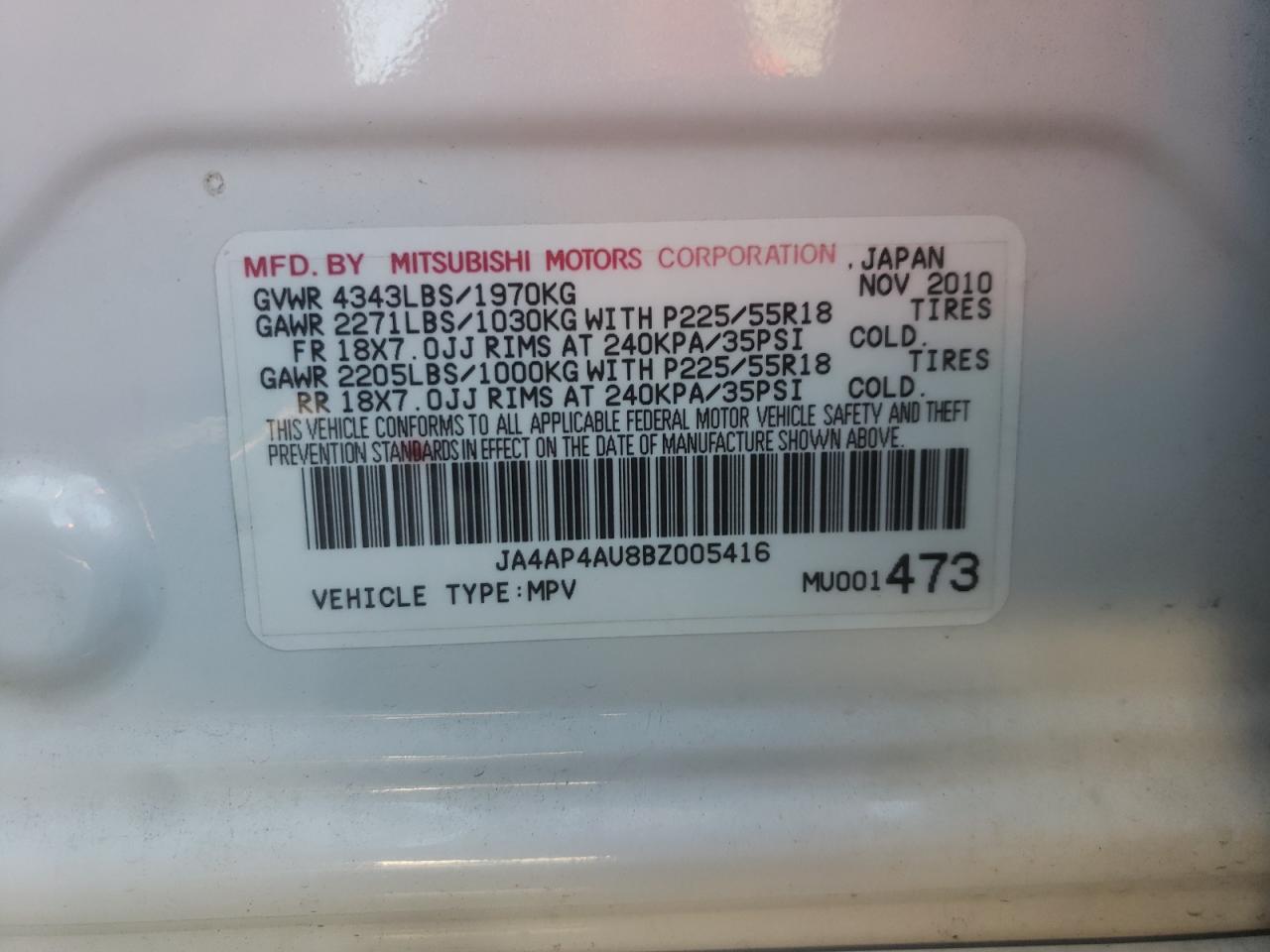Photo 10 from auction – 2011 MITSUBISHI OUTLANDER with VIN JA4AP4AU8BZ005416