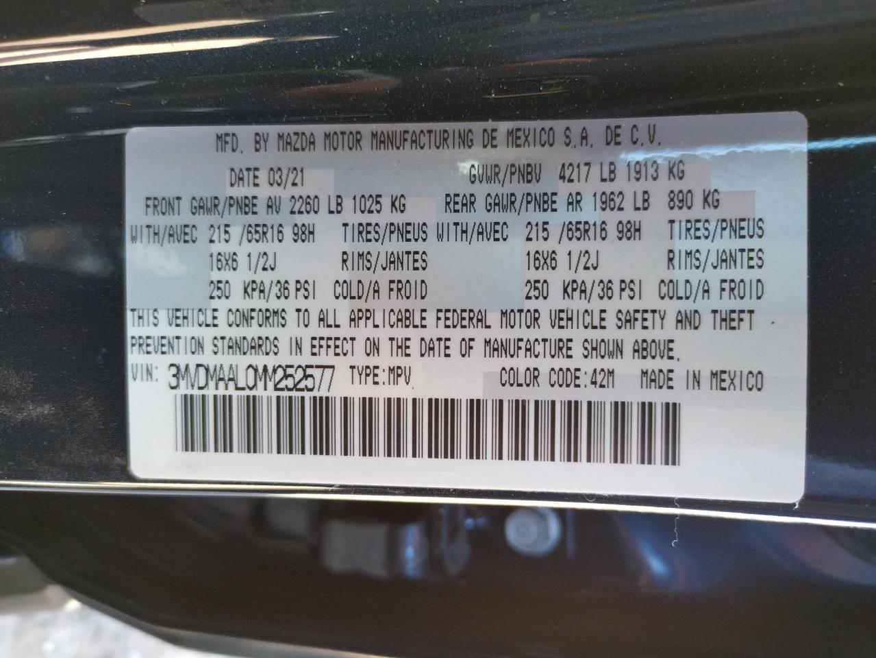 Photo 10 from auction – 2021 MAZDA CX-30 with VIN 3MVDMAAL0MM252577