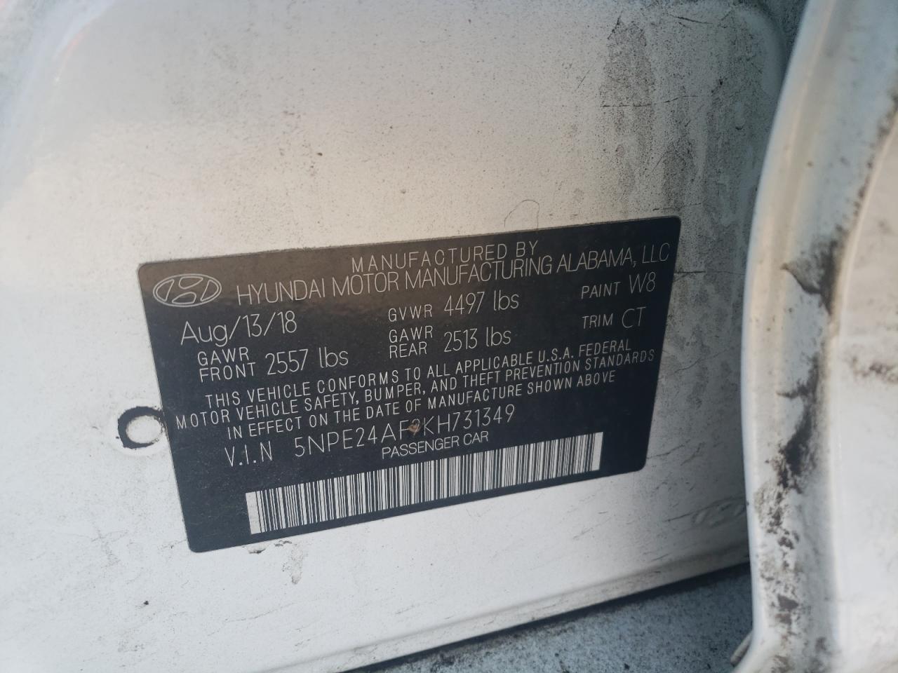 Photo 10 from auction – 2019 HYUNDAI SONATA SE with VIN 5NPE24AF2KH731349