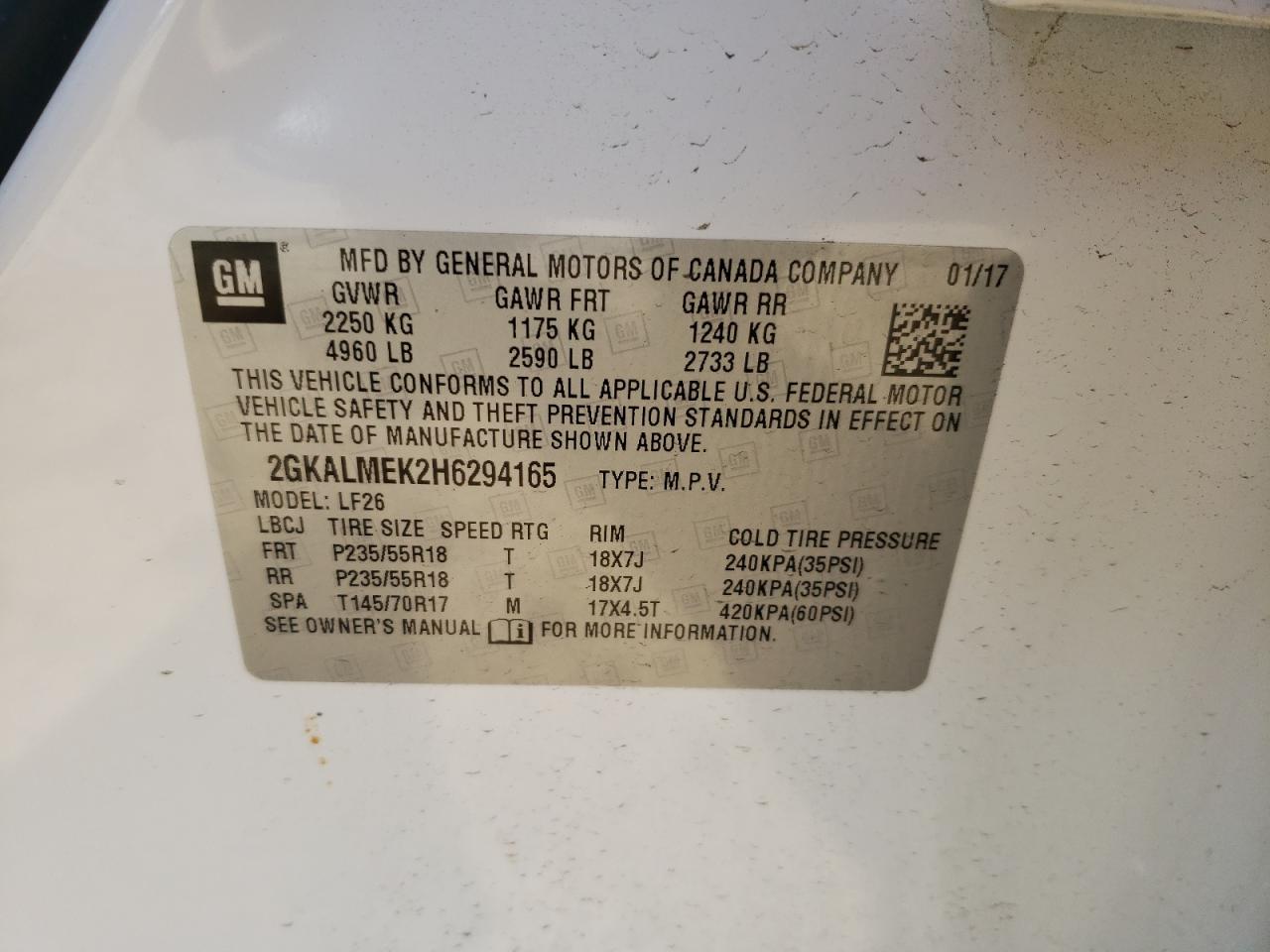 Photo 10 from auction – 2017 GMC TERRAIN SL with VIN 2GKALMEK2H6294165