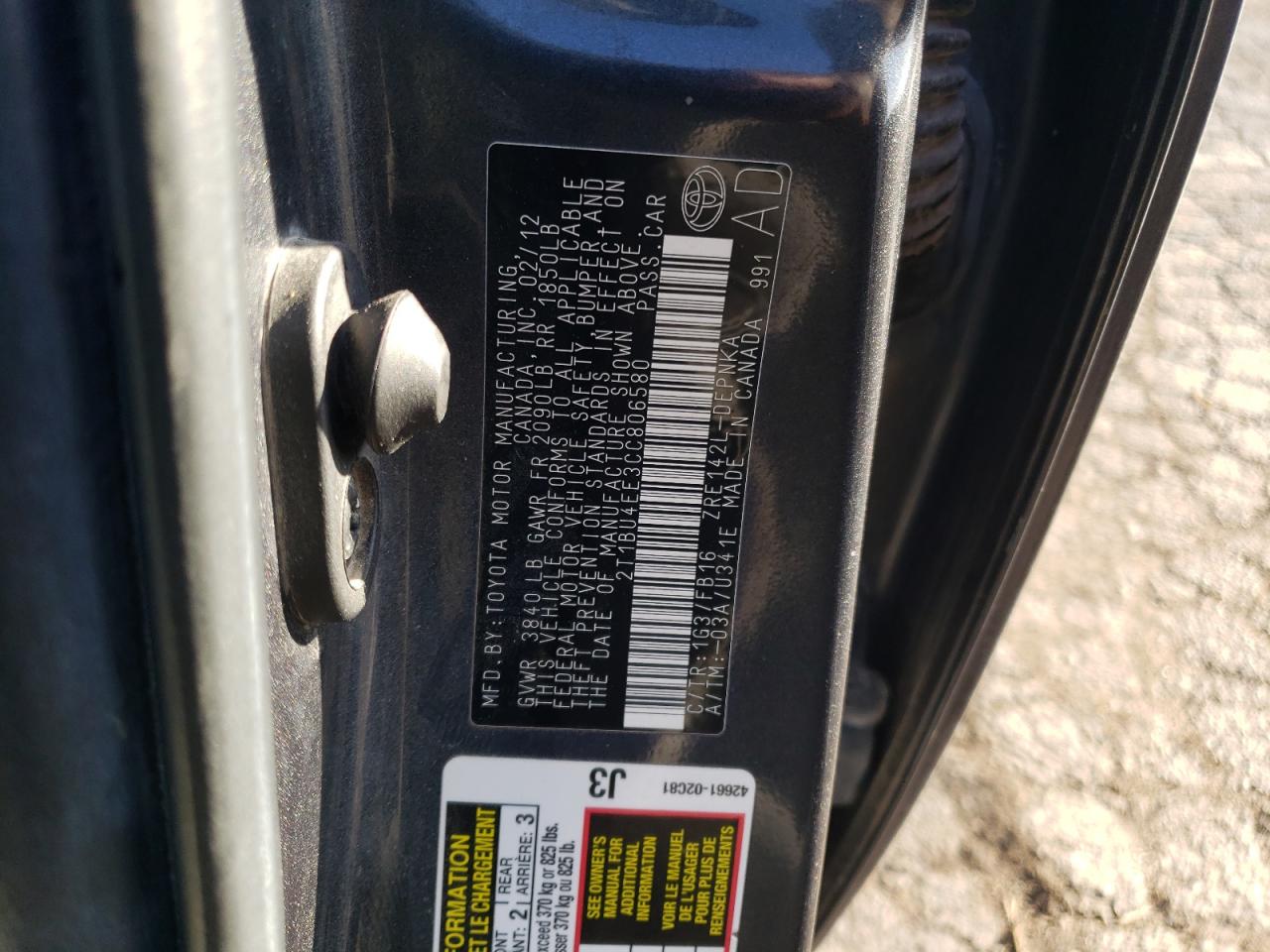 Photo 10 from auction – 2012 TOYOTA COROLLA BA with VIN 2T1BU4EE3CC806580