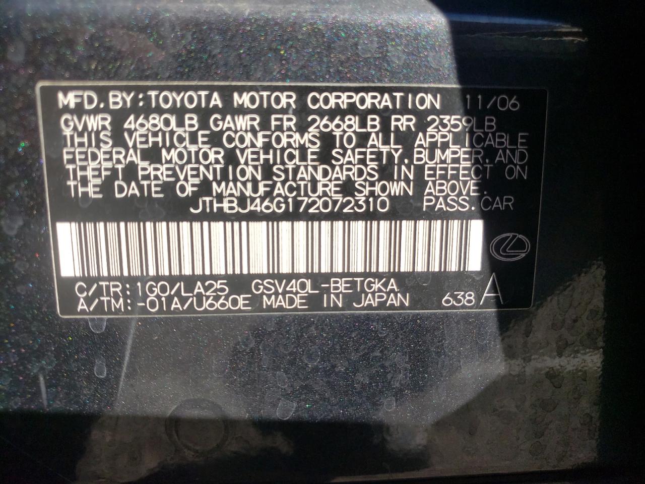 Photo 10 from auction – 2007 LEXUS ES 350 with VIN JTHBJ46G172072310