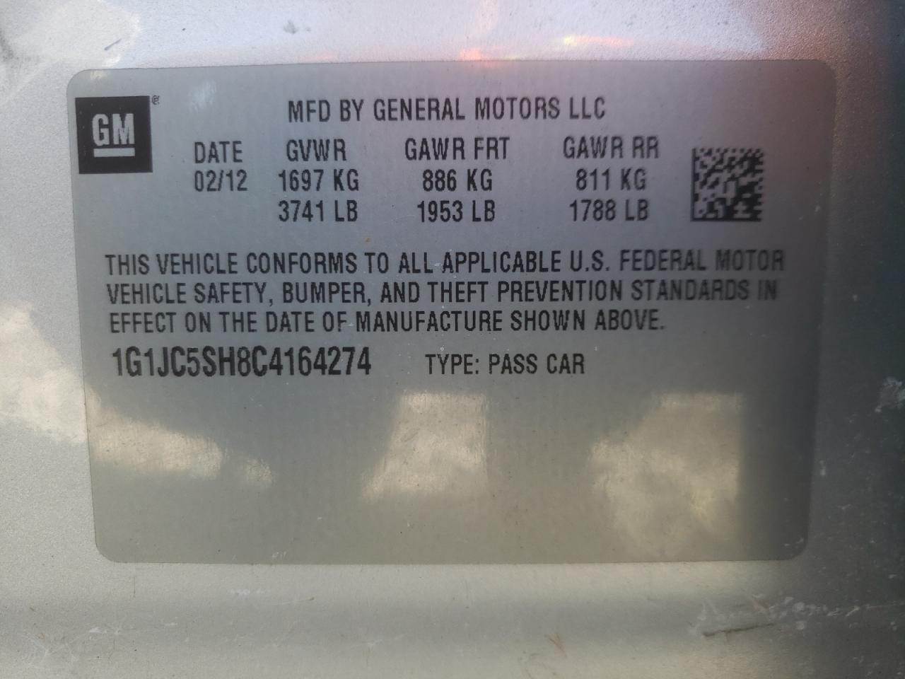 Photo 10 from auction – 2012 CHEVROLET SONIC LT with VIN 1G1JC5SH8C4164274
