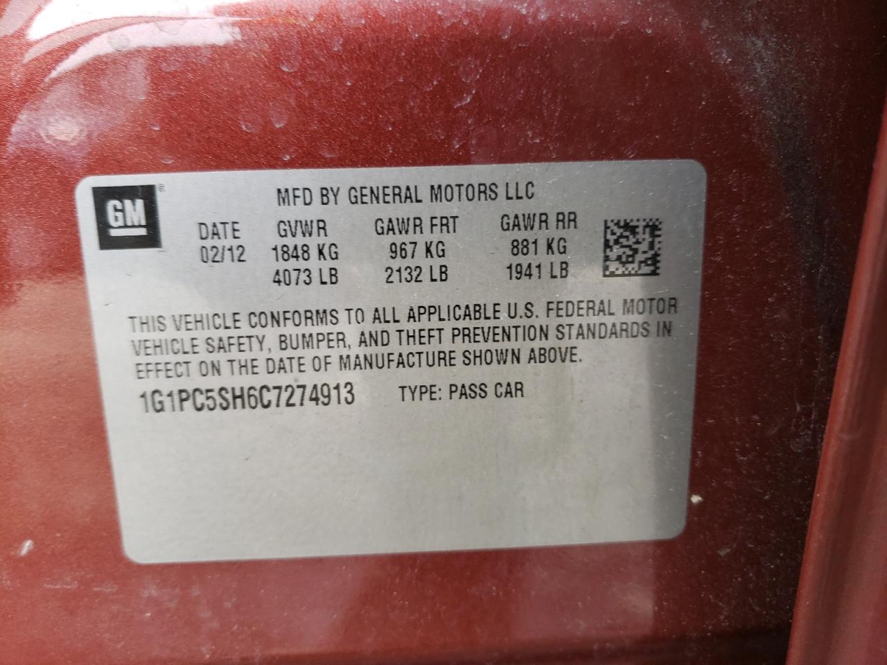 Photo 10 from auction – 2012 CHEVROLET CRUZE LS with VIN 1G1PC5SH6C7274913