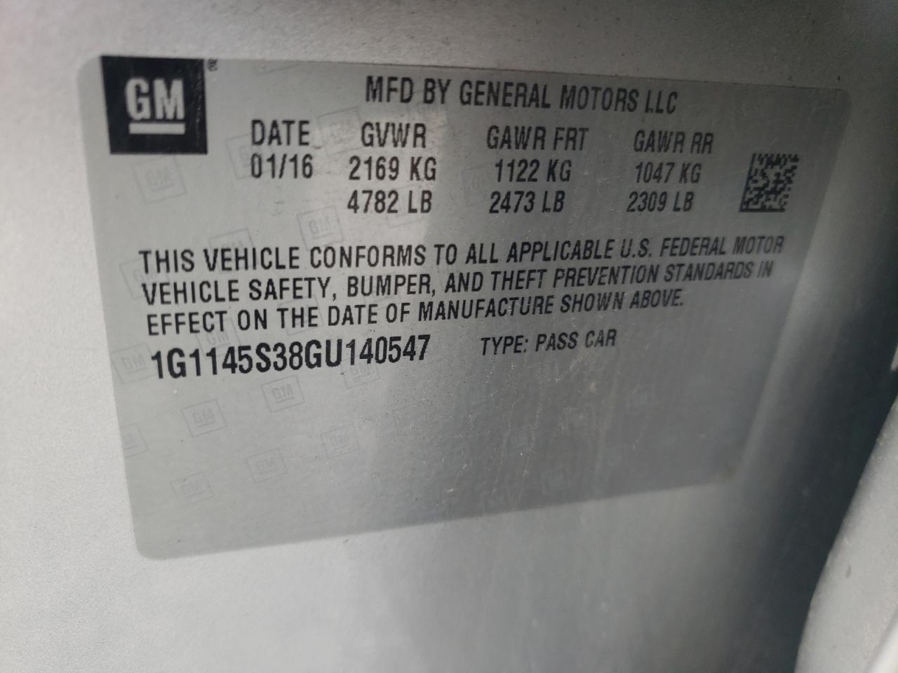 Photo 10 from auction – 2016 CHEVROLET IMPALA LTZ with VIN 1G1145S38GU140547