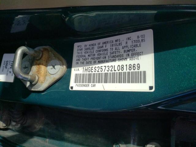 Photo 10 from auction – 2002 HONDA CIVIC EX with VIN 1HGES25732L081869