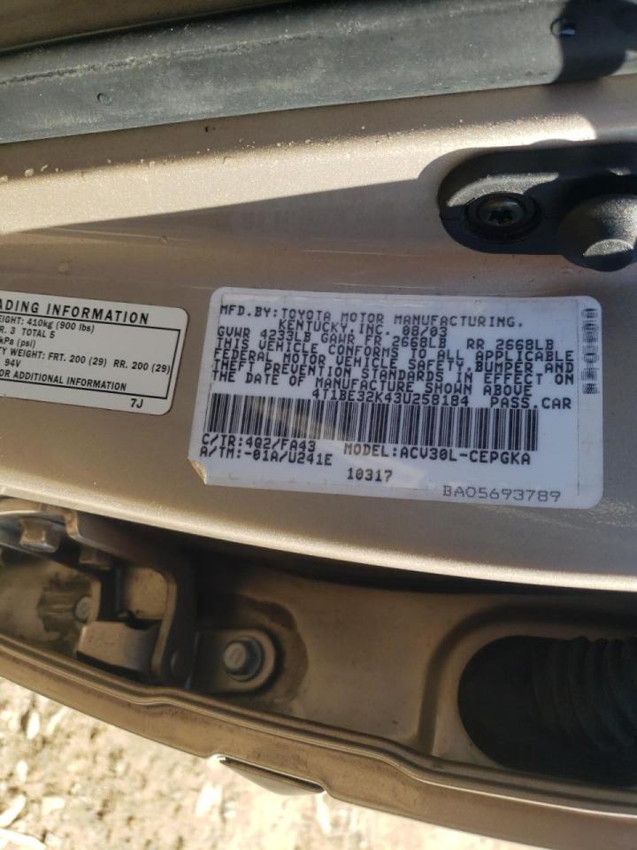 Photo 10 from auction – 2003 TOYOTA CAMRY LE with VIN 4T1BE32K43U258184