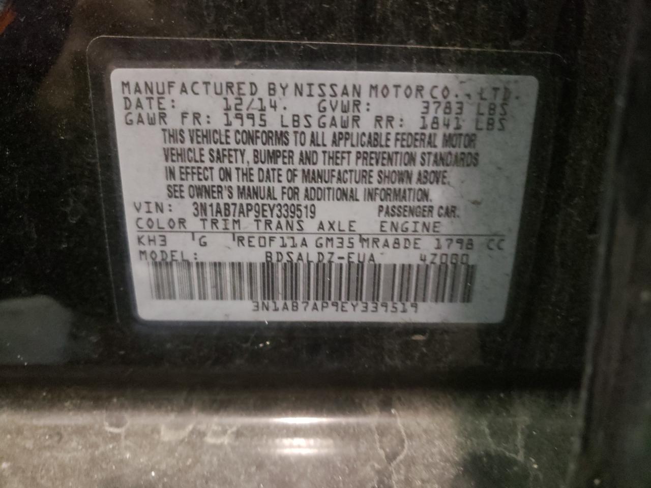 Photo 10 from auction – 2014 NISSAN SENTRA S with VIN 3N1AB7AP9EY339519