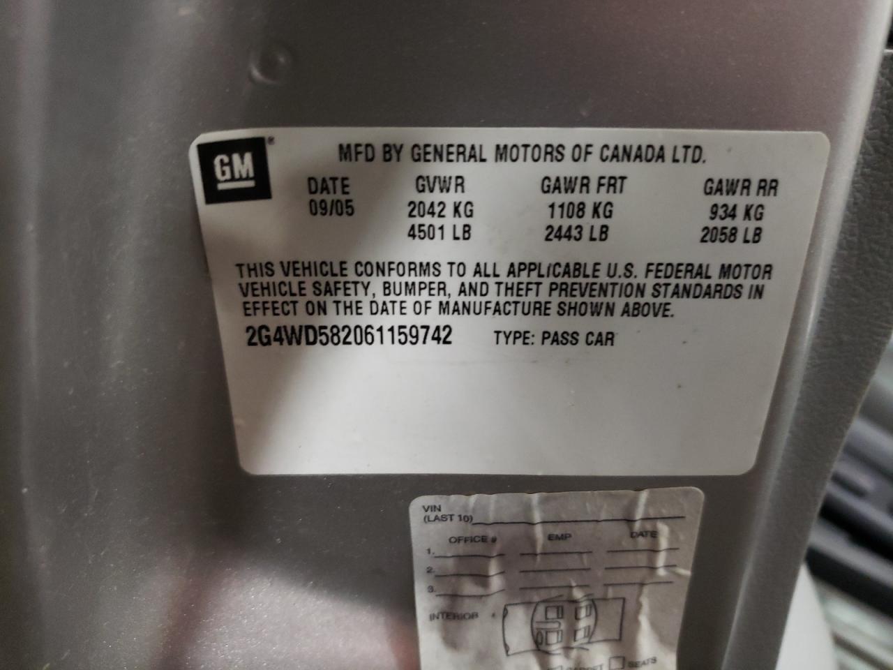 Photo 10 from auction – 2006 BUICK LACROSSE C with VIN 2G4WD582061159742