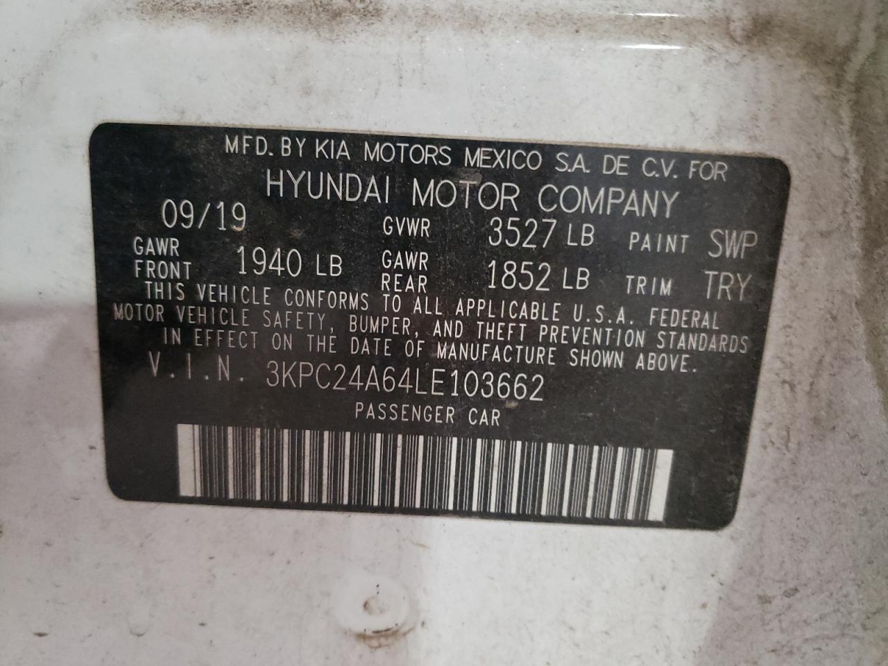 Photo 10 from auction – 2020 HYUNDAI ACCENT SE with VIN 3KPC24A64LE103662