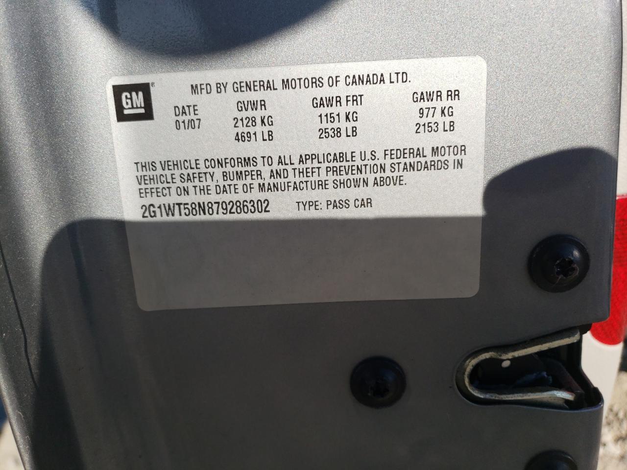 Photo 10 from auction – 2007 CHEVROLET IMPALA LT with VIN 2G1WT58N879286302