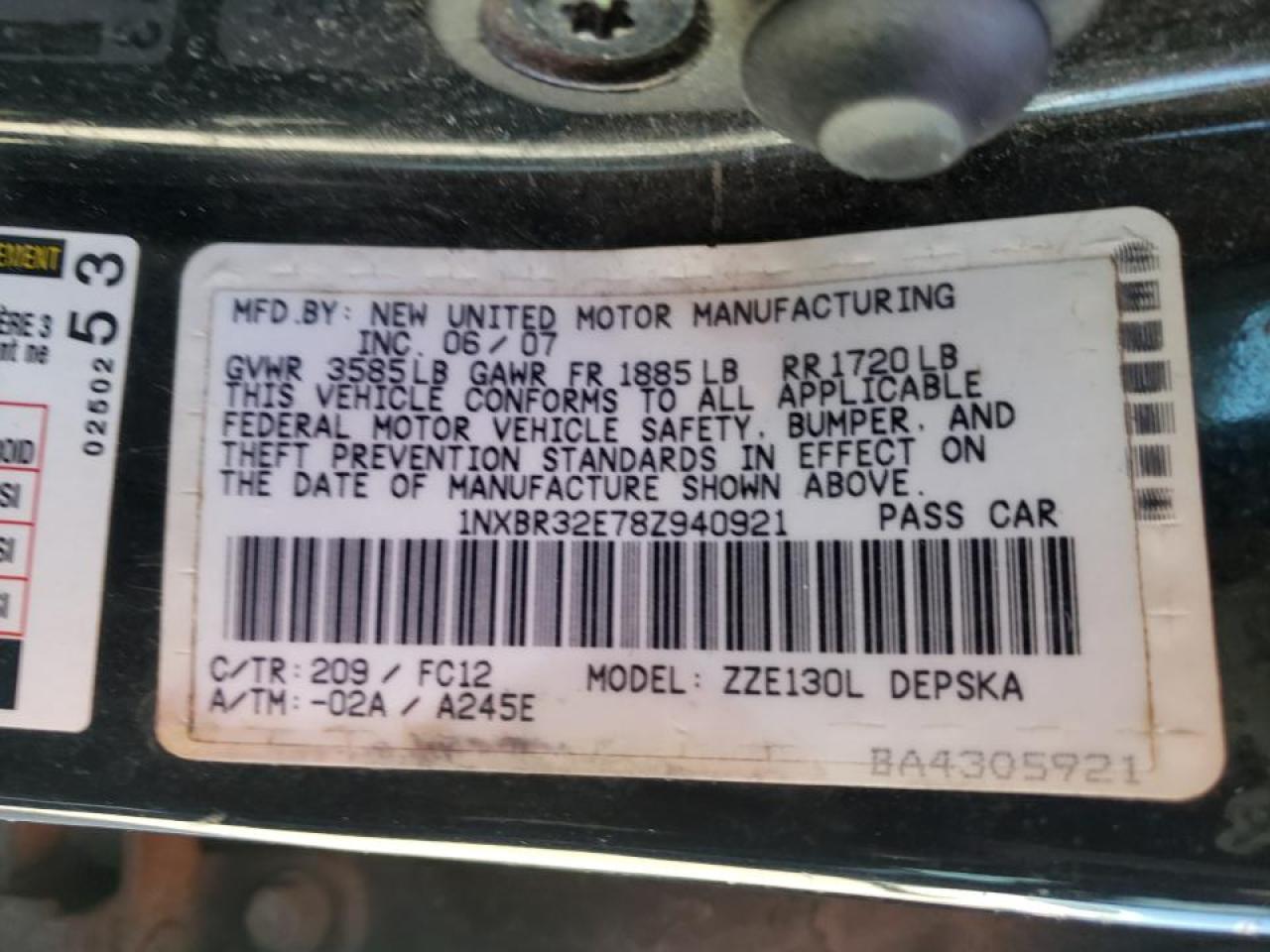 Photo 10 from auction – 2008 TOYOTA COROLLA CE with VIN 1NXBR32E78Z940921