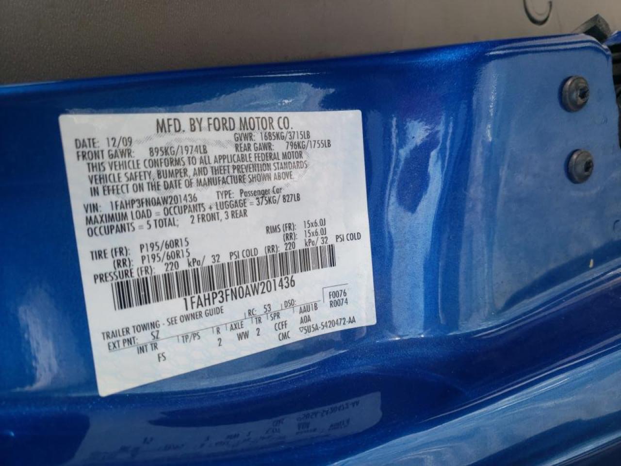 Photo 10 from auction – 2010 FORD FOCUS SE with VIN 1FAHP3FN0AW201436