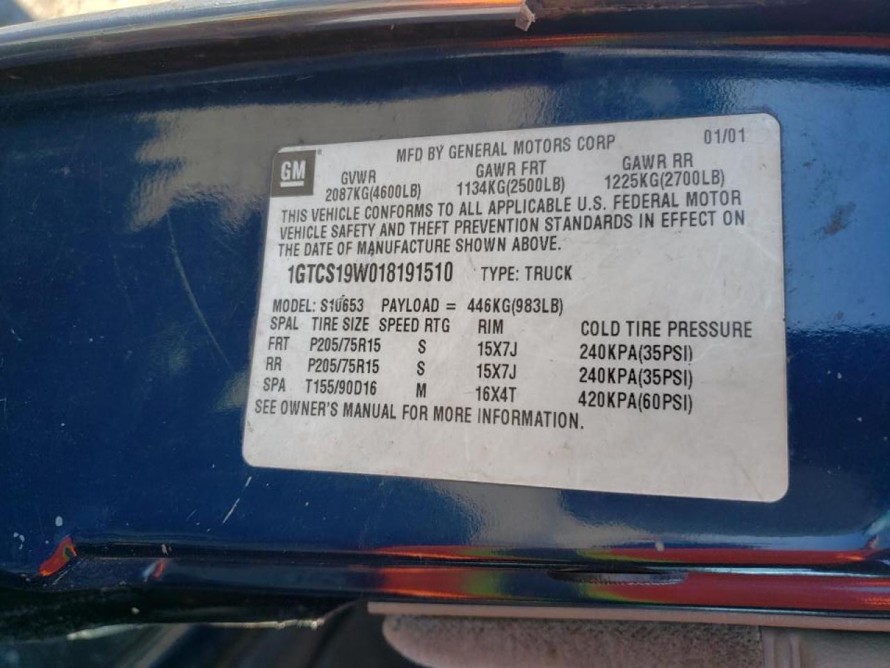 Photo 10 from auction – 2001 GMC SONOMA with VIN 1GTCS19W018191510