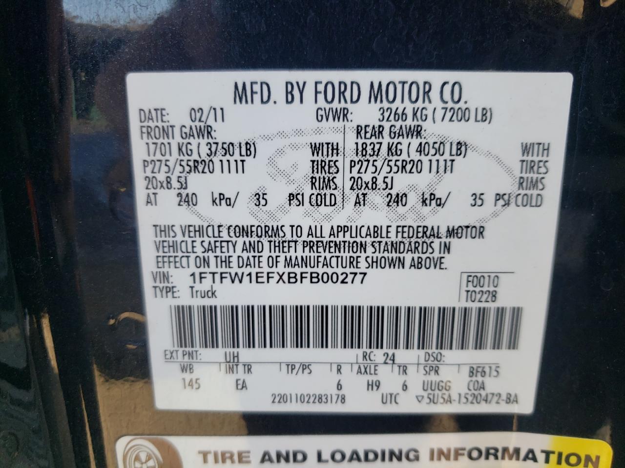 Photo 10 from auction – 2011 FORD F150 SUPER with VIN 1FTFW1EFXBFB00277